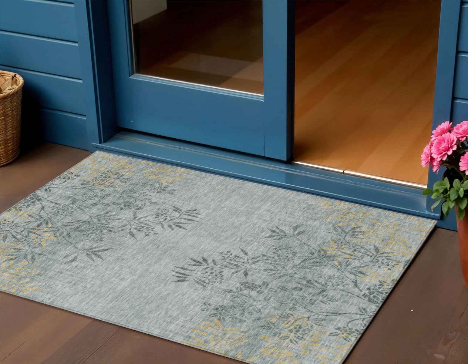 3' X 5' Gray Charcoal And Gold Floral Washable Indoor Outdoor Area Rug