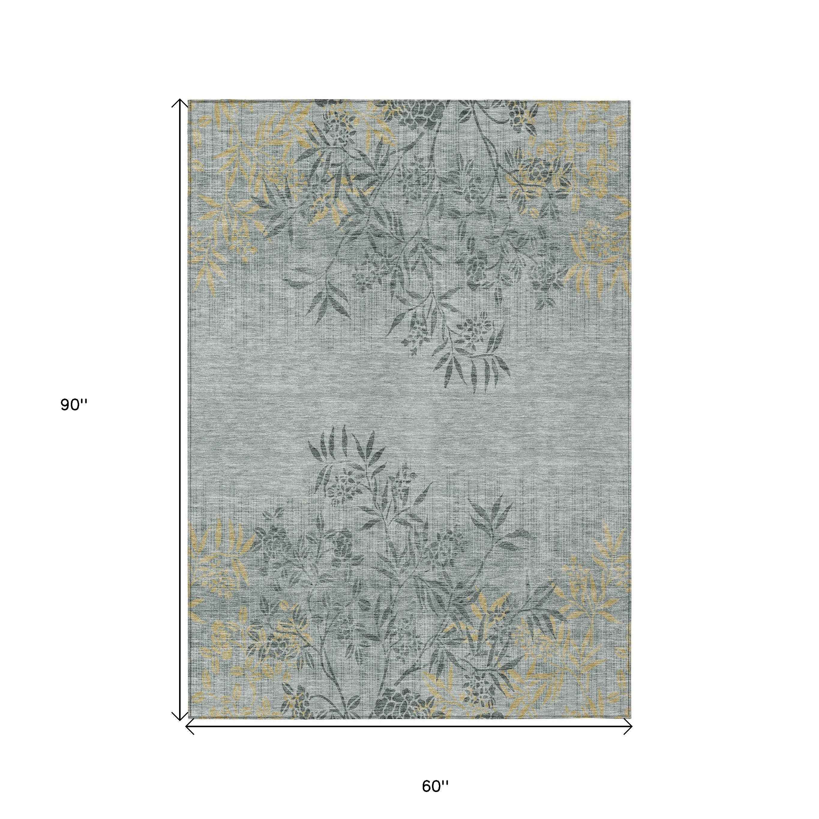 5' X 8' Gray Charcoal And Gold Floral Washable Indoor Outdoor Area Rug