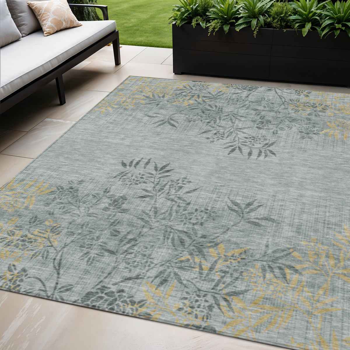 5' X 8' Gray Charcoal And Gold Floral Washable Indoor Outdoor Area Rug