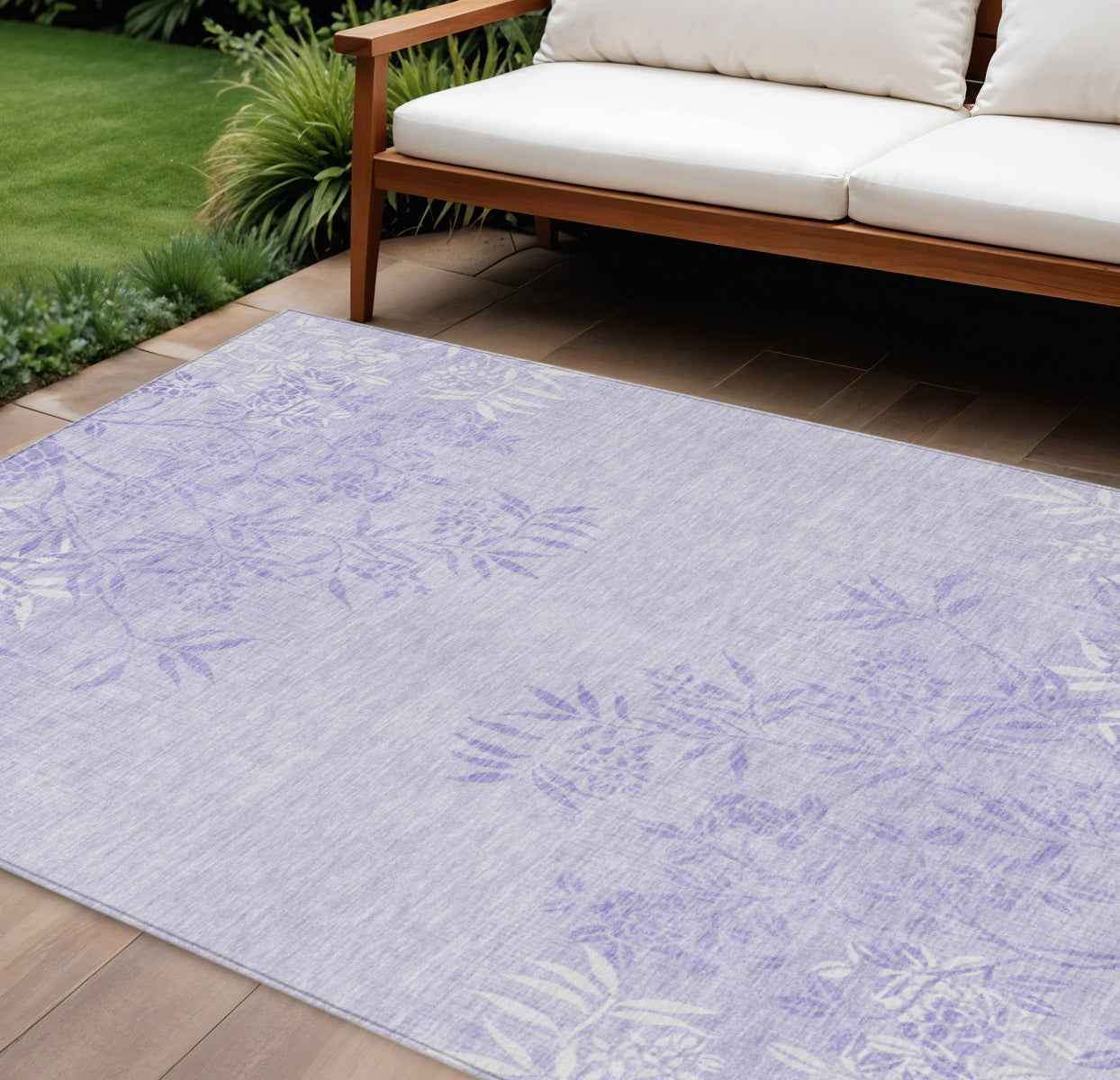 9' X 12' Lilac Purple And Ivory Floral Washable Indoor Outdoor Area Rug