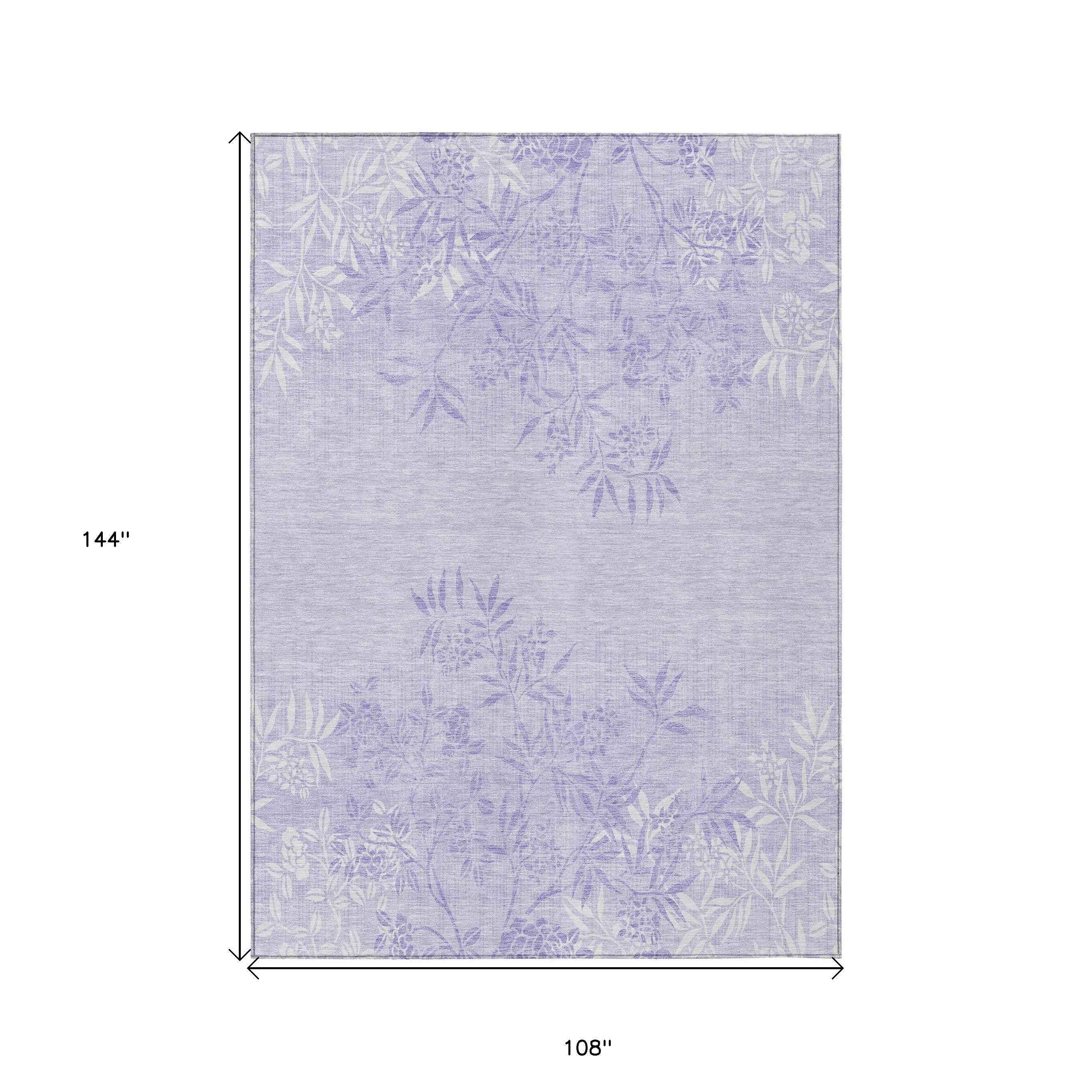 9' X 12' Lilac Purple And Ivory Floral Washable Indoor Outdoor Area Rug