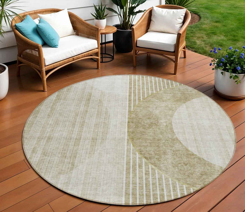 8' Taupe Beige And Tan Round Geometric Washable Indoor Outdoor Area Rug