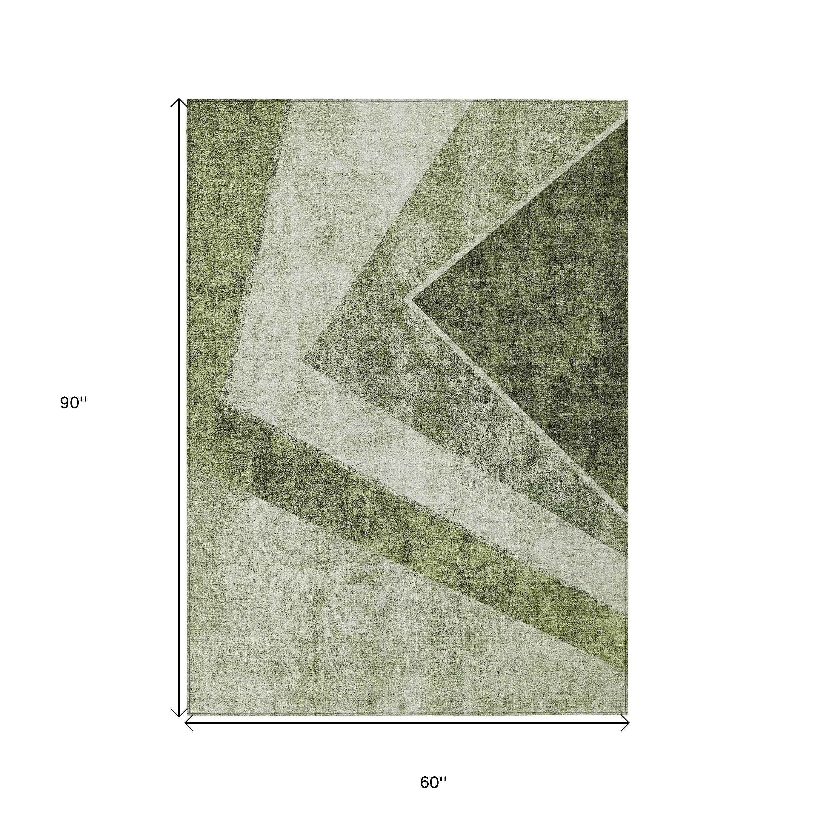 5' X 8' Olive Green And Artichoke Green Geometric Washable Indoor Outdoor Area Rug