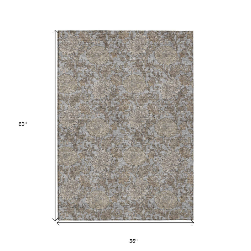 3' X 5' Gray Silver And Taupe Floral Washable Indoor Outdoor Area Rug