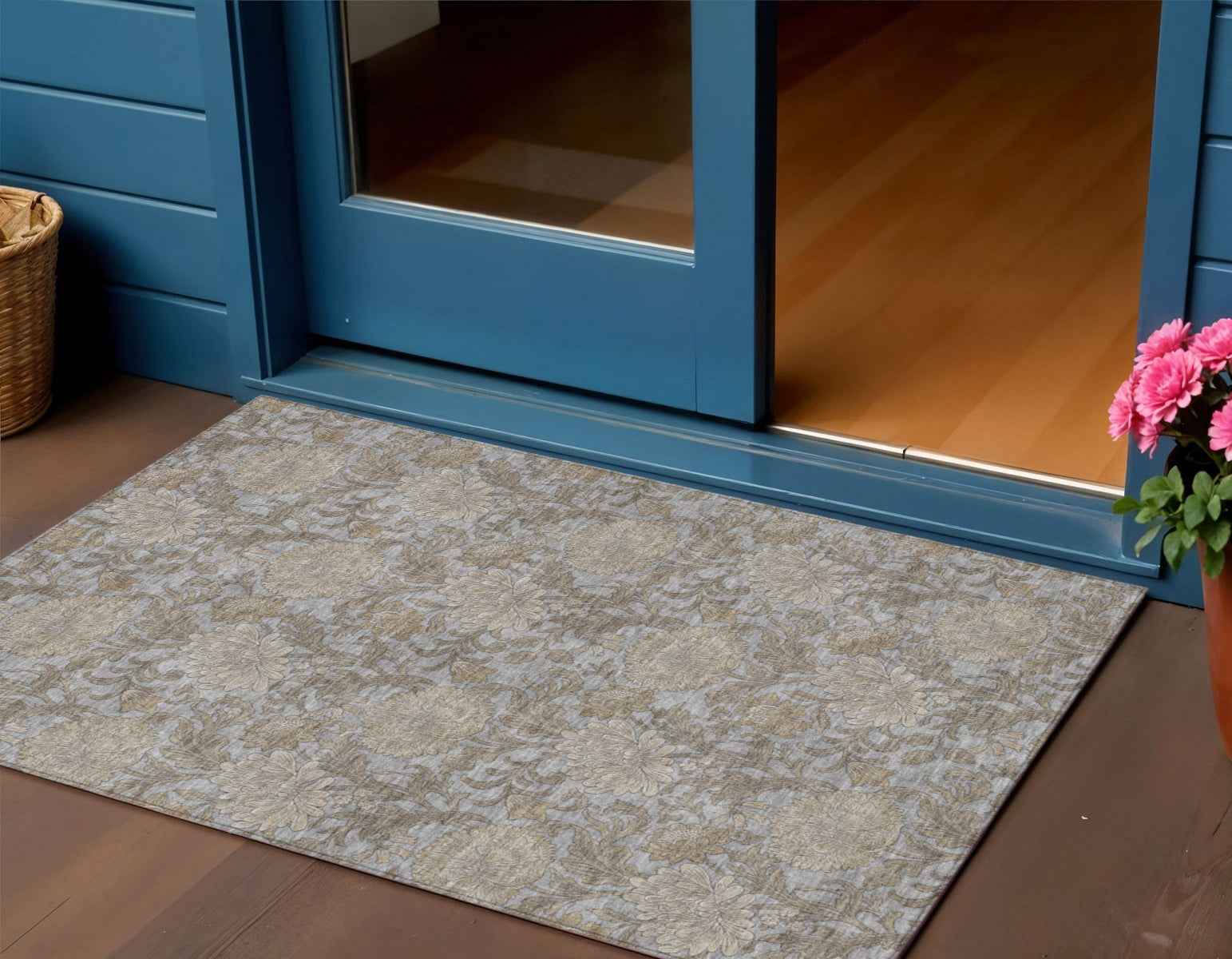 3' X 5' Gray Silver And Taupe Floral Washable Indoor Outdoor Area Rug
