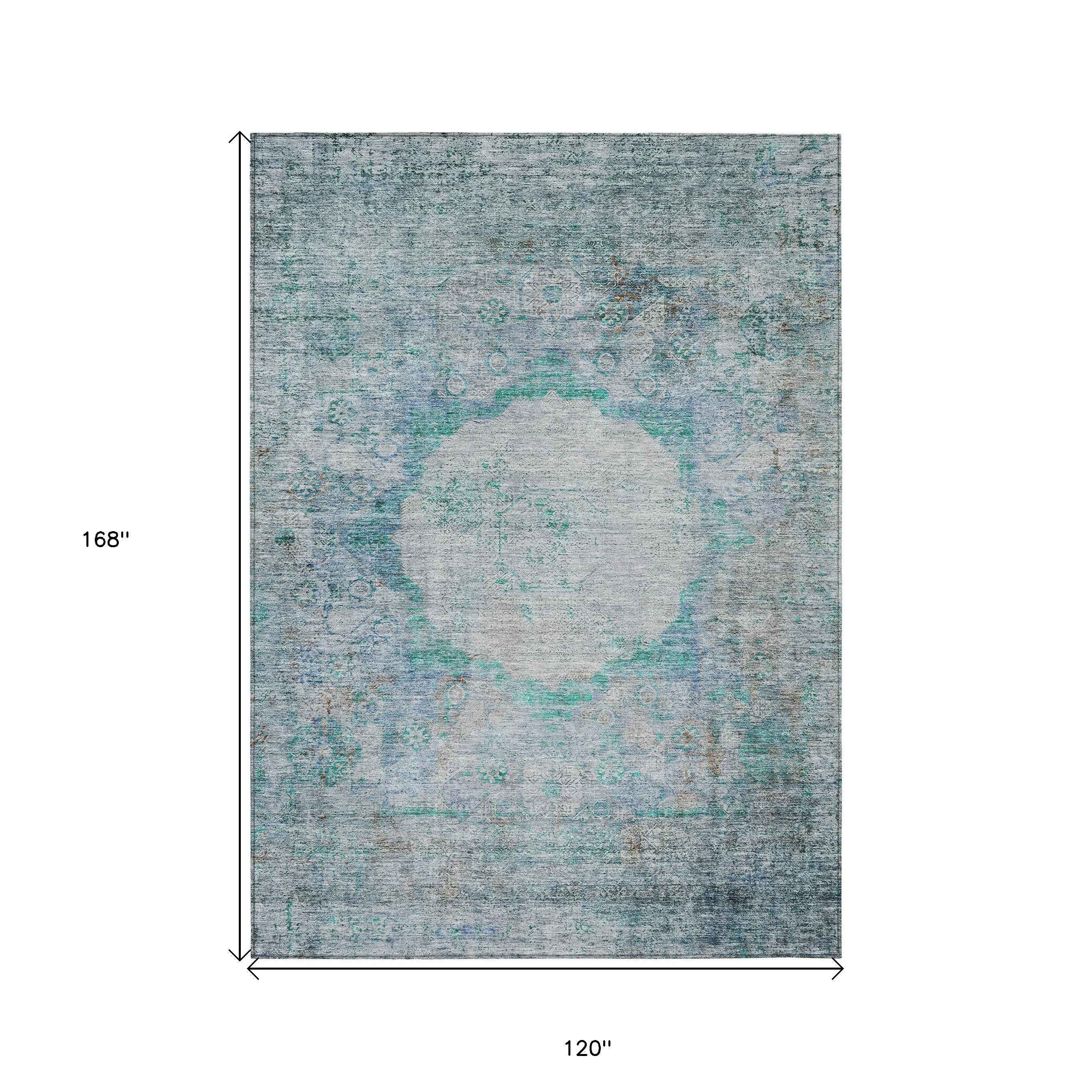 10' X 14' Teal Blue Aqua And Gray Oriental Washable Indoor Outdoor Area Rug