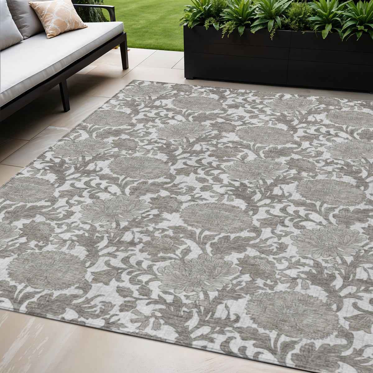5' X 8' Ivory And Gray Floral Washable Indoor Outdoor Area Rug