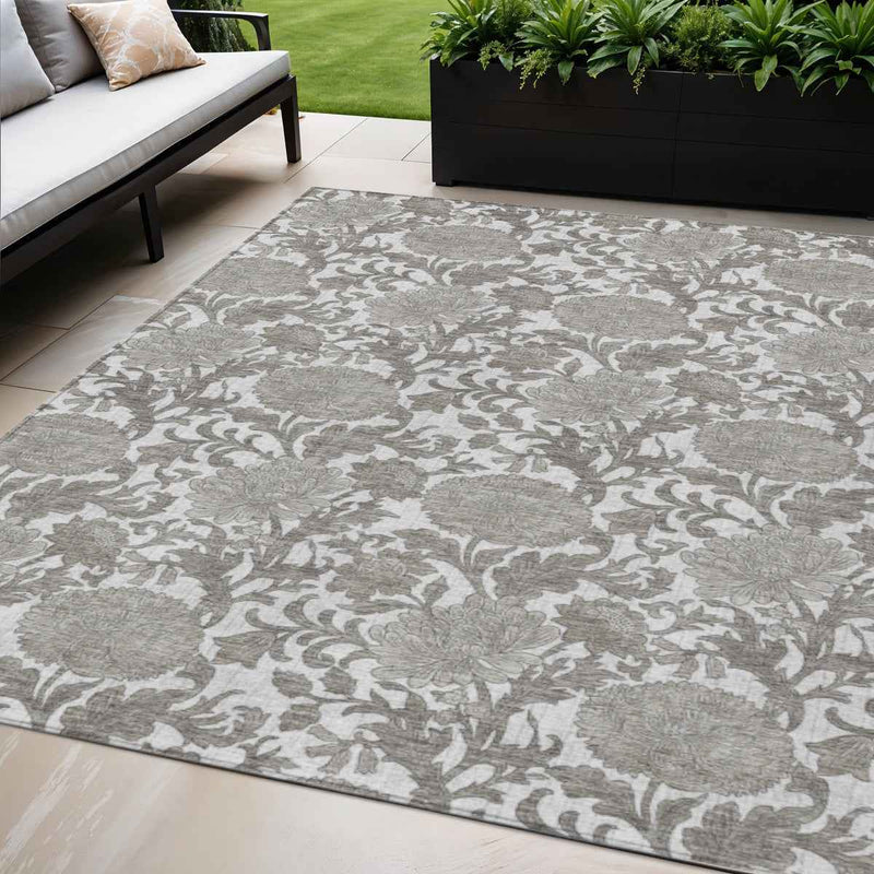 5' X 8' Ivory And Gray Floral Washable Indoor Outdoor Area Rug