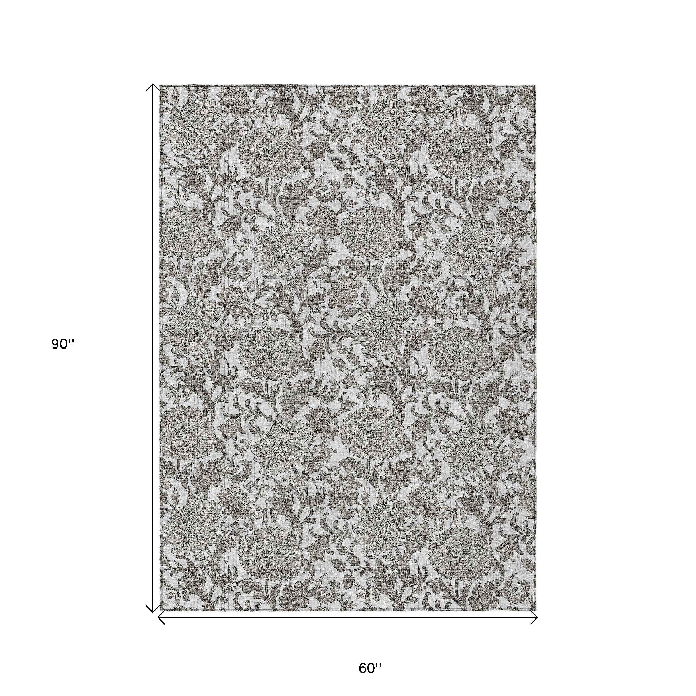 5' X 8' Ivory And Gray Floral Washable Indoor Outdoor Area Rug