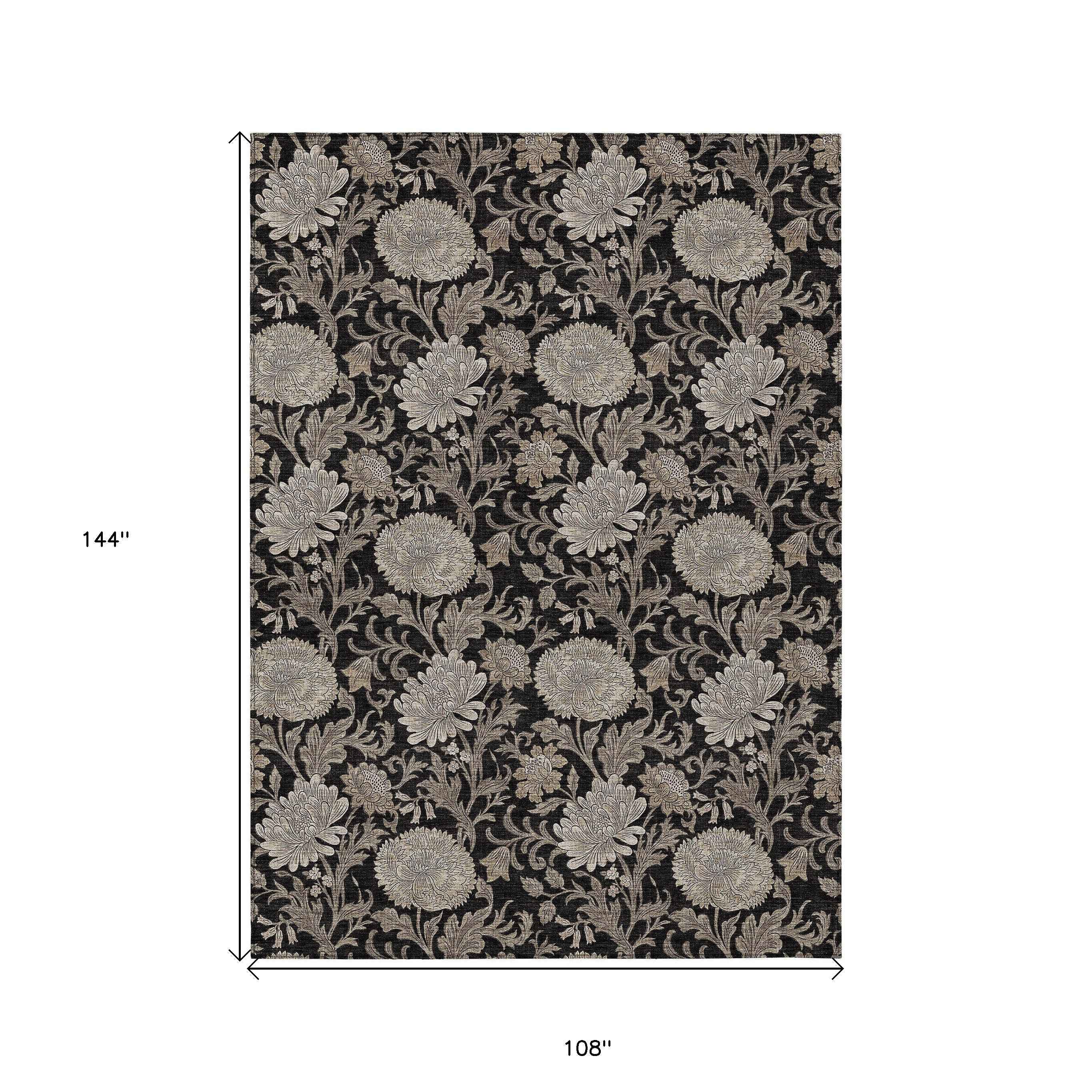 9' X 12' Black Taupe And Beige Floral Washable Indoor Outdoor Area Rug