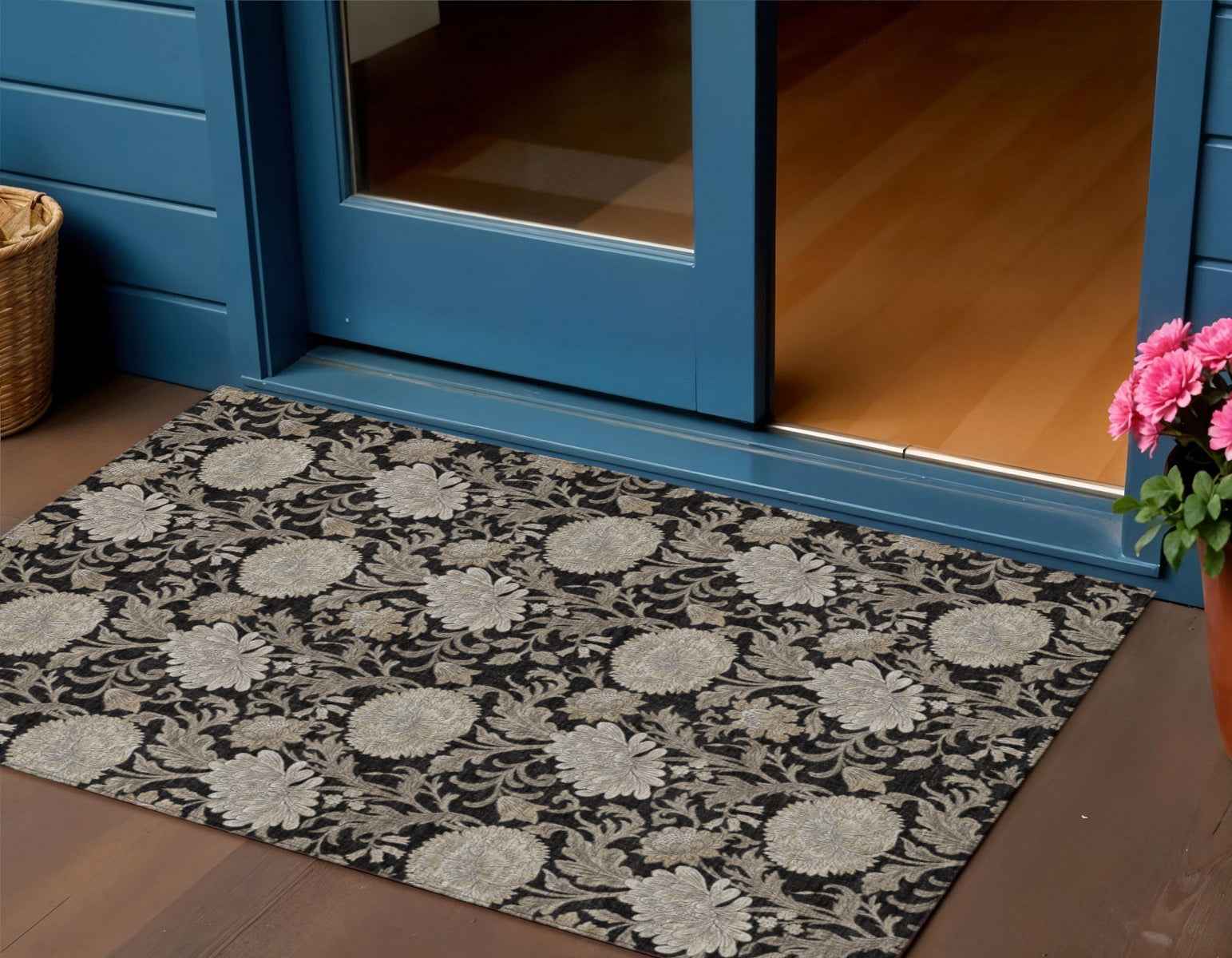 3' X 5' Black Taupe And Beige Floral Washable Indoor Outdoor Area Rug