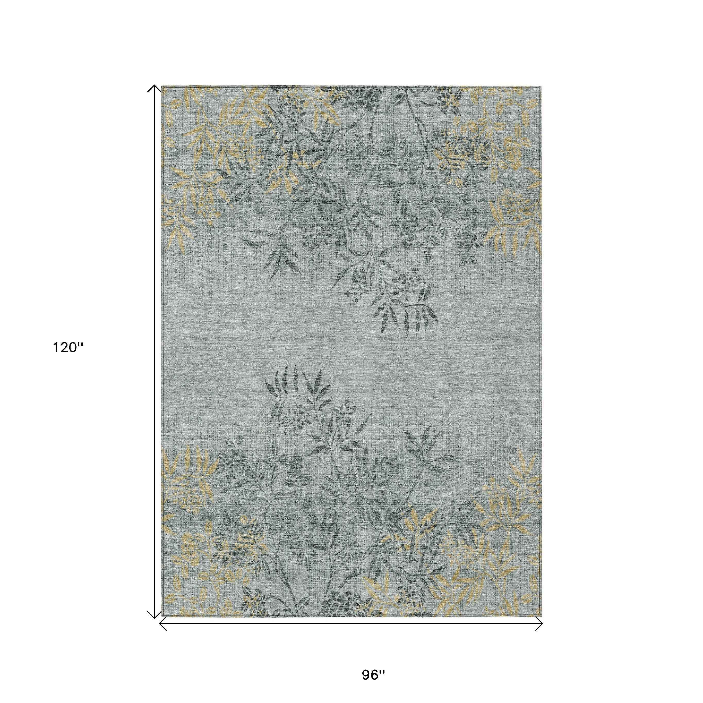8' X 10' Gray Charcoal And Gold Floral Washable Indoor Outdoor Area Rug
