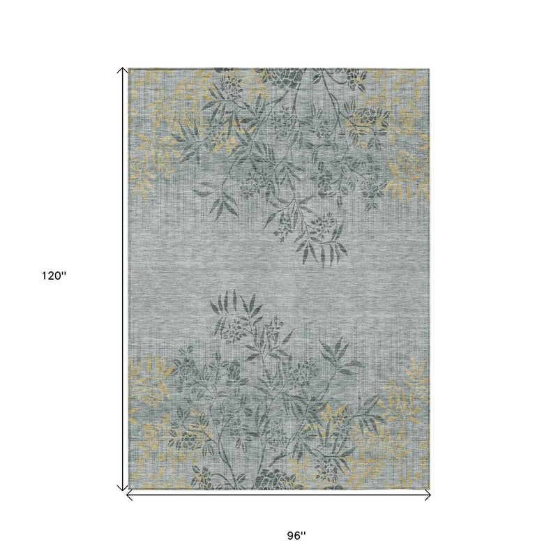 8' X 10' Gray Charcoal And Gold Floral Washable Indoor Outdoor Area Rug