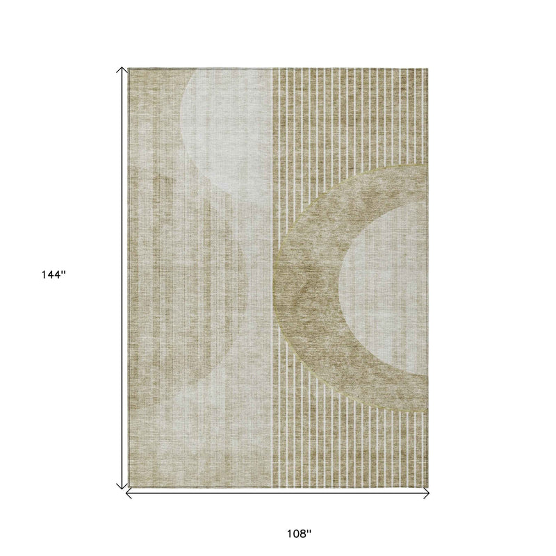 9' X 12' Taupe Beige And Tan Geometric Washable Indoor Outdoor Area Rug