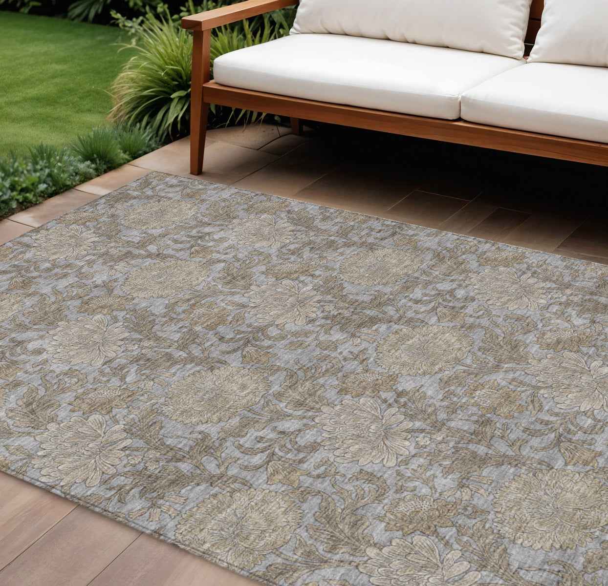 8' X 10' Gray Silver And Taupe Floral Washable Indoor Outdoor Area Rug