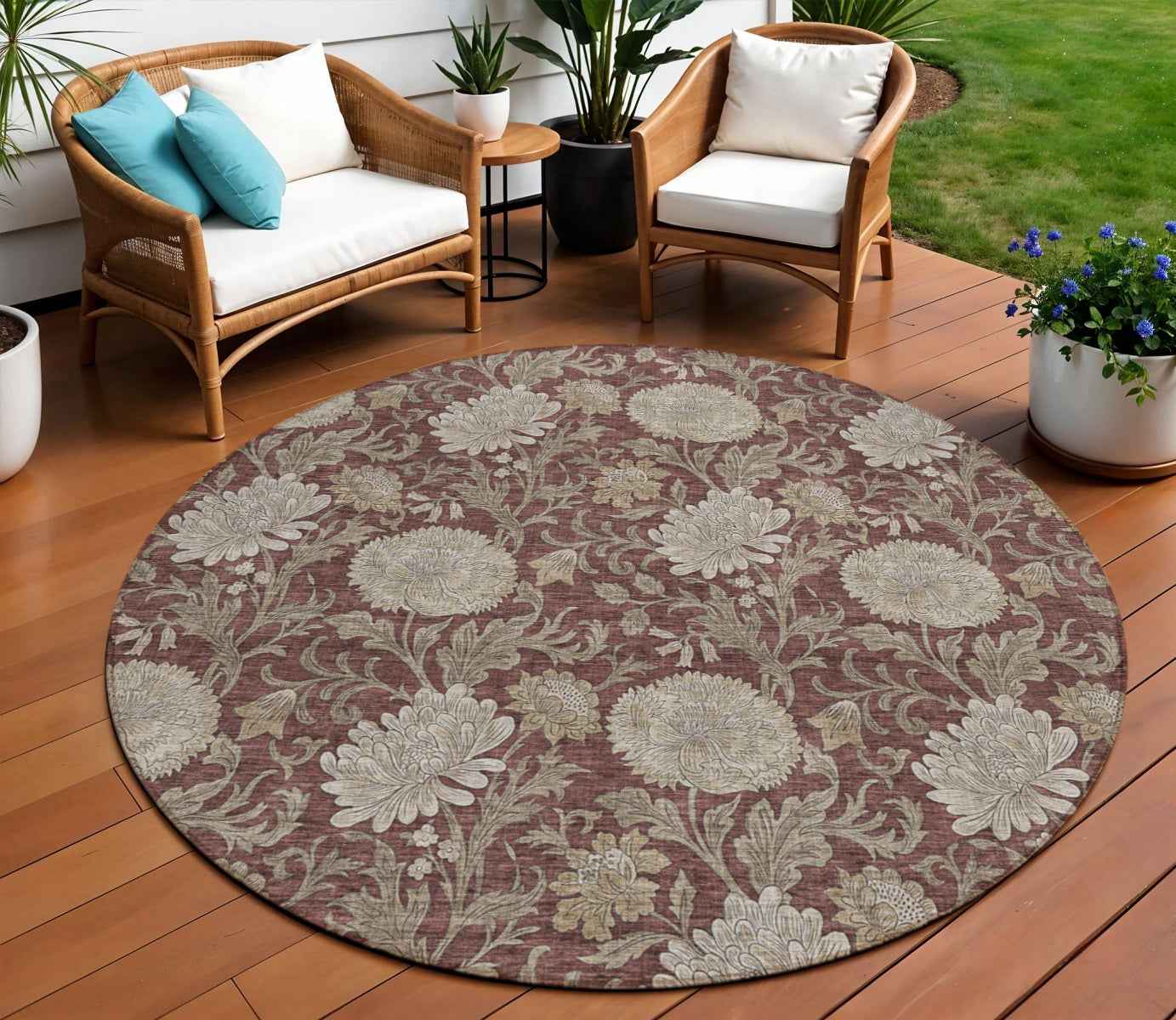 8' Merlot Taupe And Beige Round Floral Washable Indoor Outdoor Area Rug