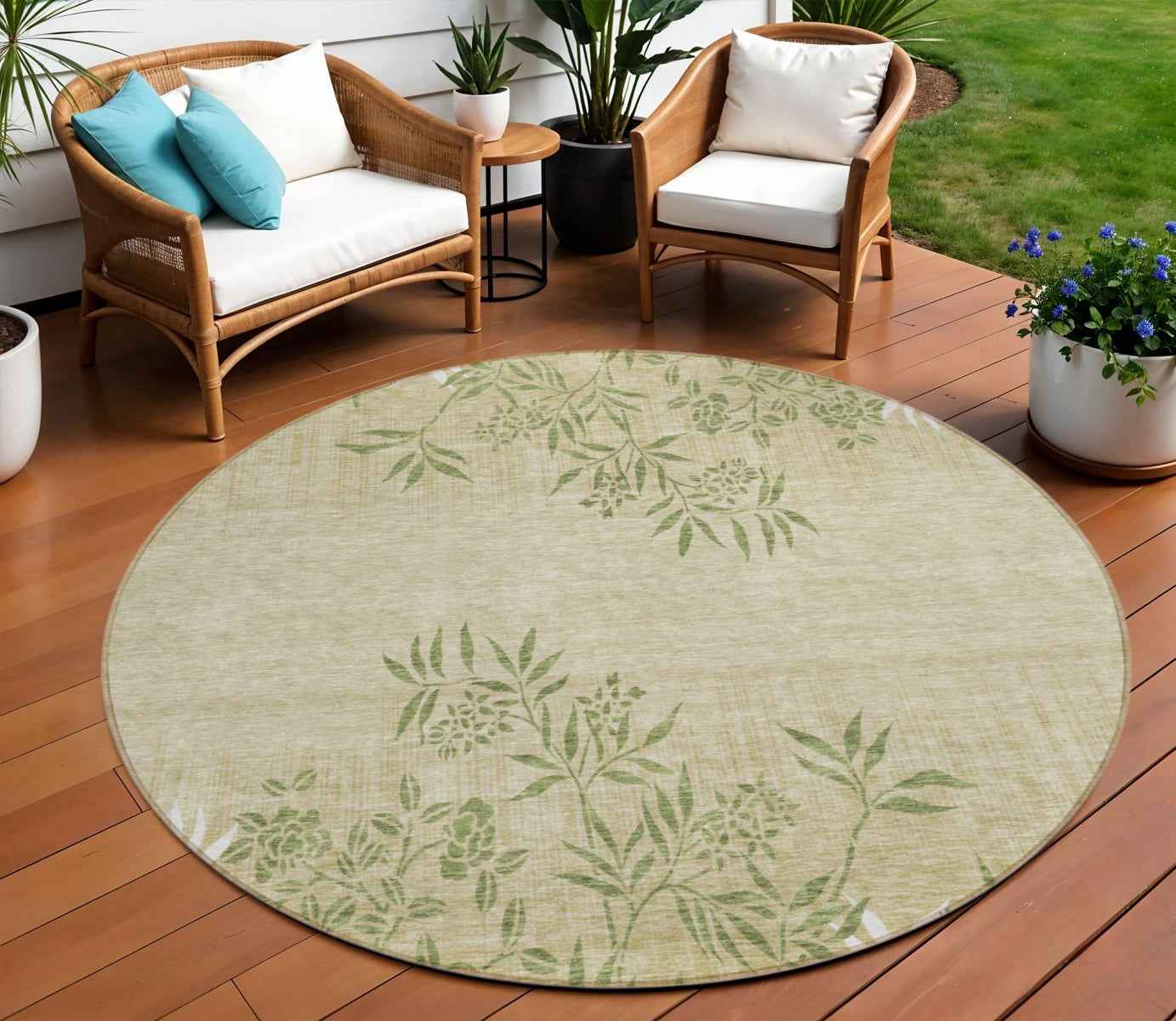 8' Khaki Ivory And Green Round Floral Washable Indoor Outdoor Area Rug