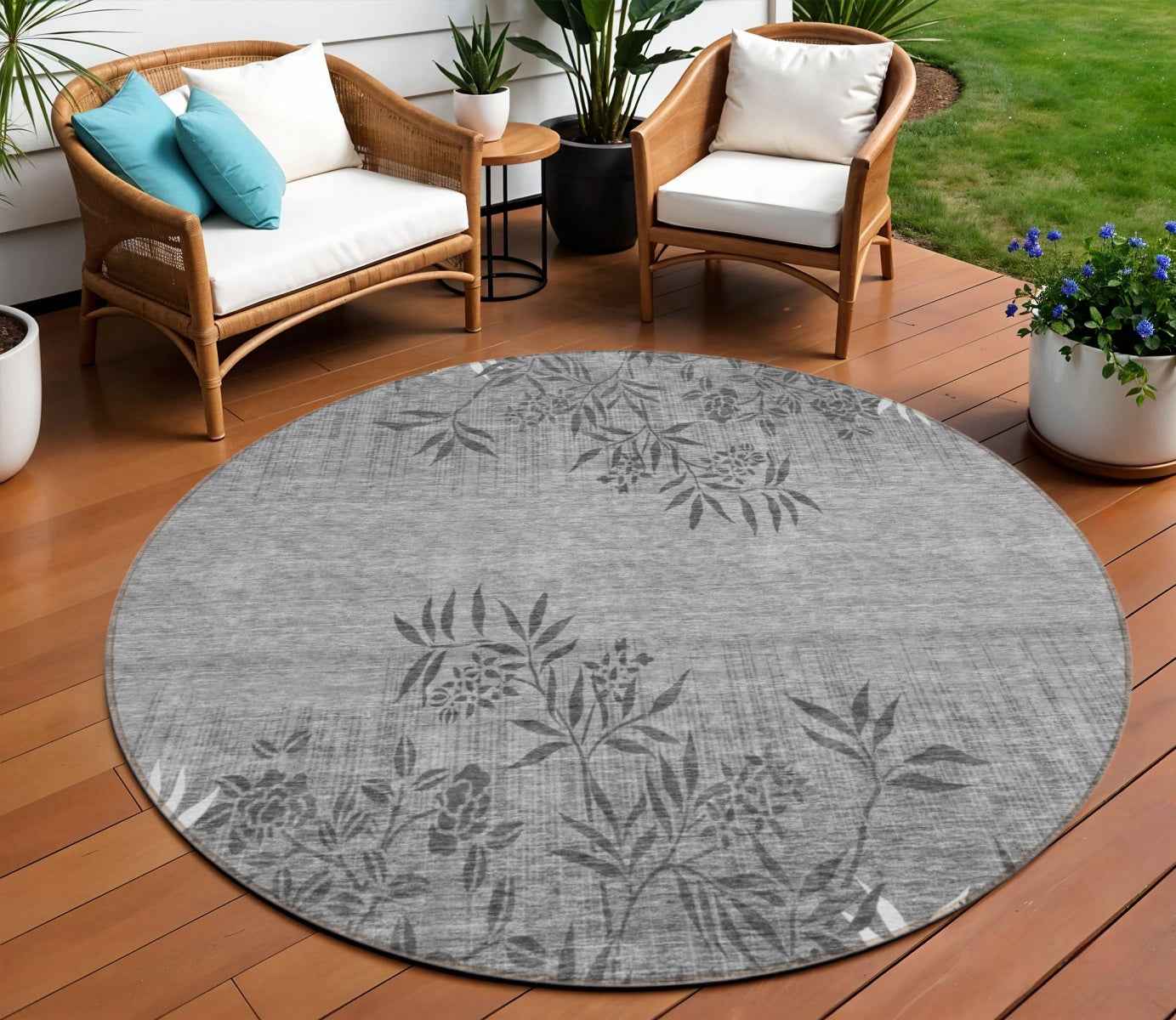 8' Gray Charcoal And Ivory Round Floral Washable Indoor Outdoor Area Rug