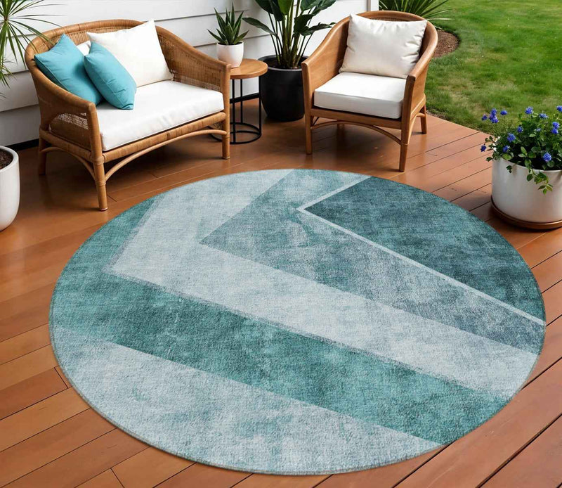 8' Teal Blue Aqua And Blue Round Geometric Washable Indoor Outdoor Area Rug