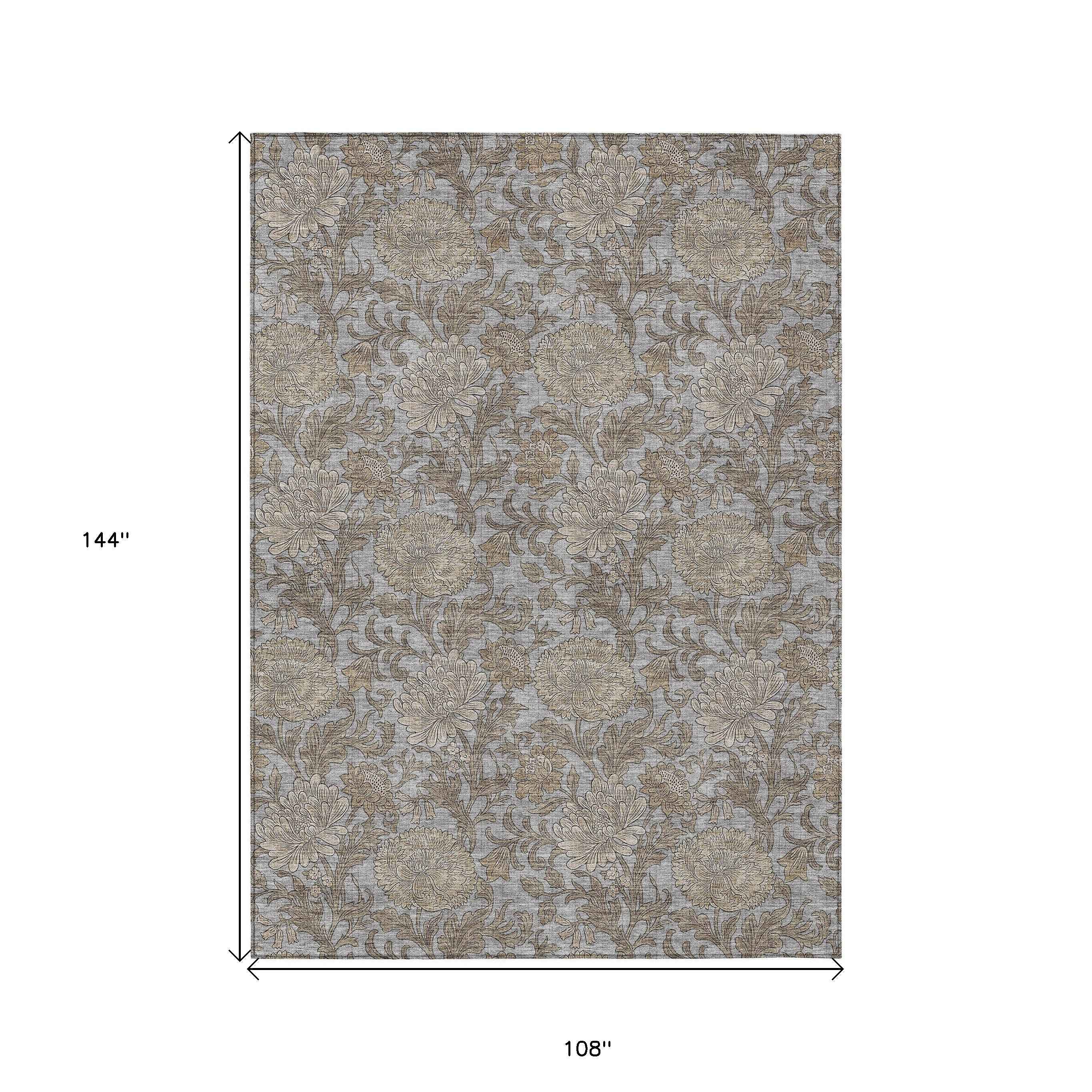 9' X 12' Gray Silver And Taupe Floral Washable Indoor Outdoor Area Rug