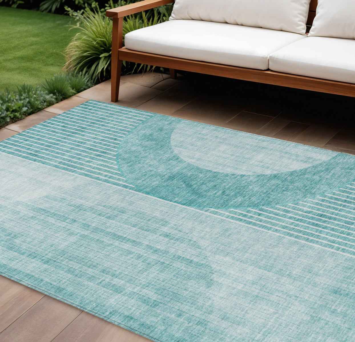 10' X 14' Teal Blue And Aqua Geometric Washable Indoor Outdoor Area Rug