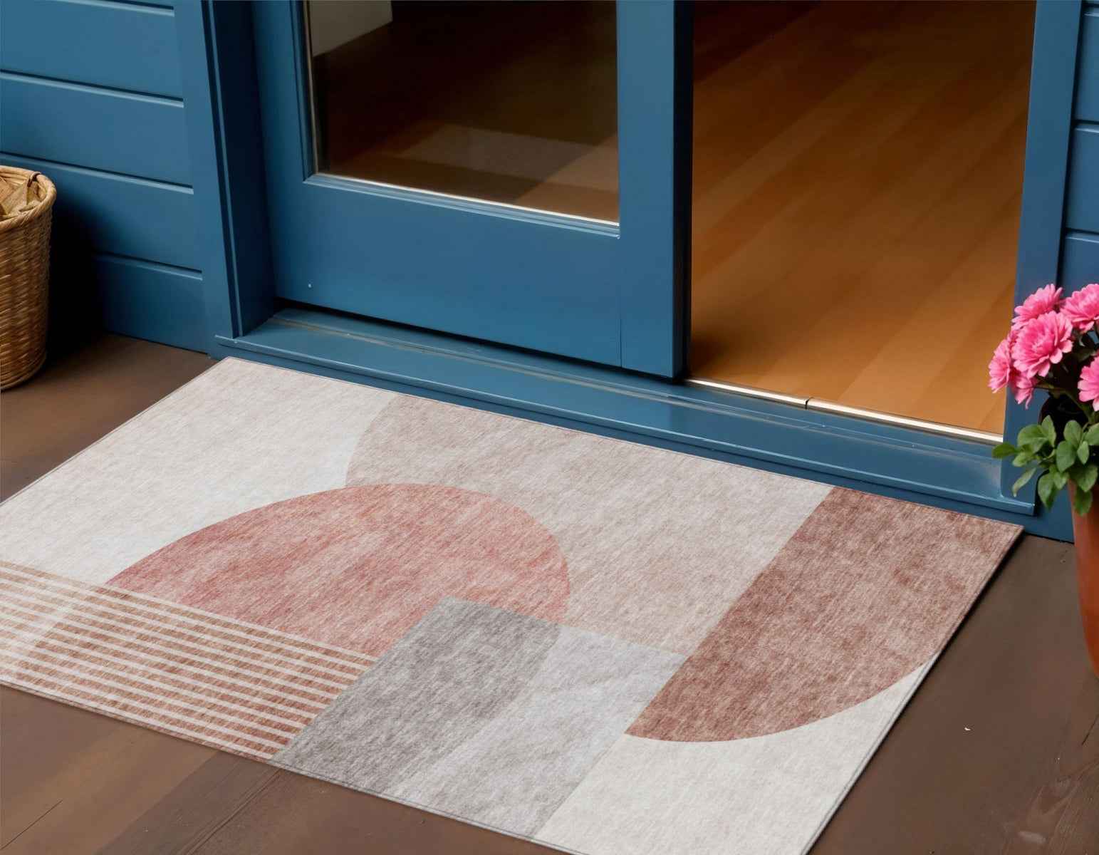 3' X 5' Copper Red And Gray Geometric Washable Indoor Outdoor Area Rug