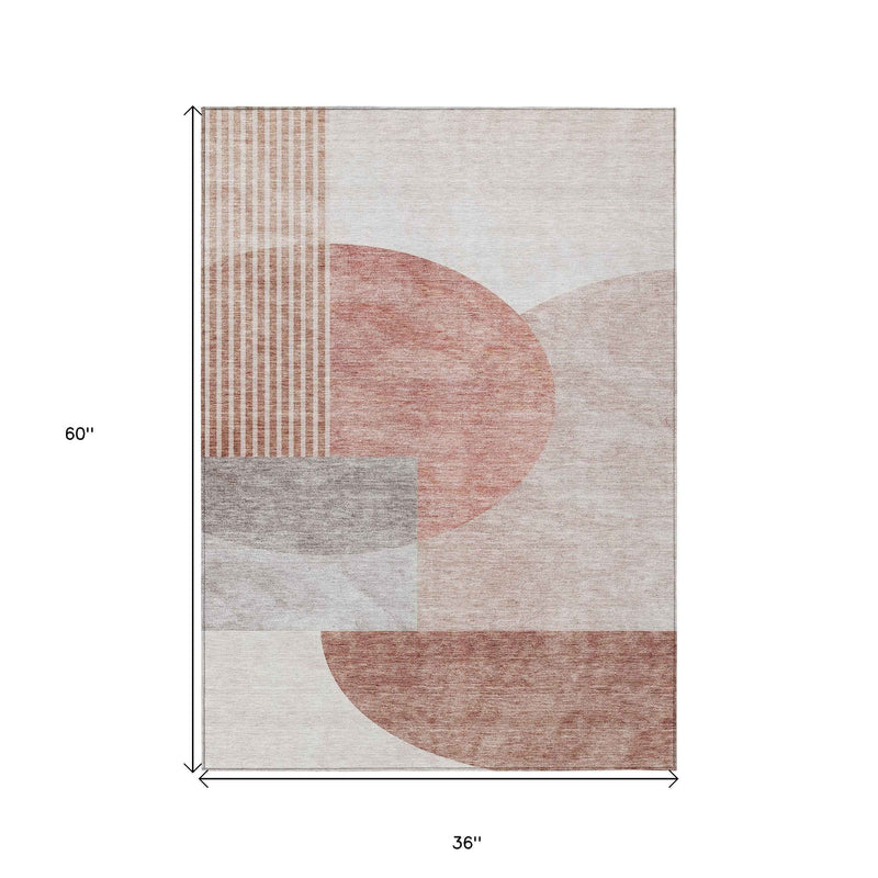 3' X 5' Copper Red And Gray Geometric Washable Indoor Outdoor Area Rug