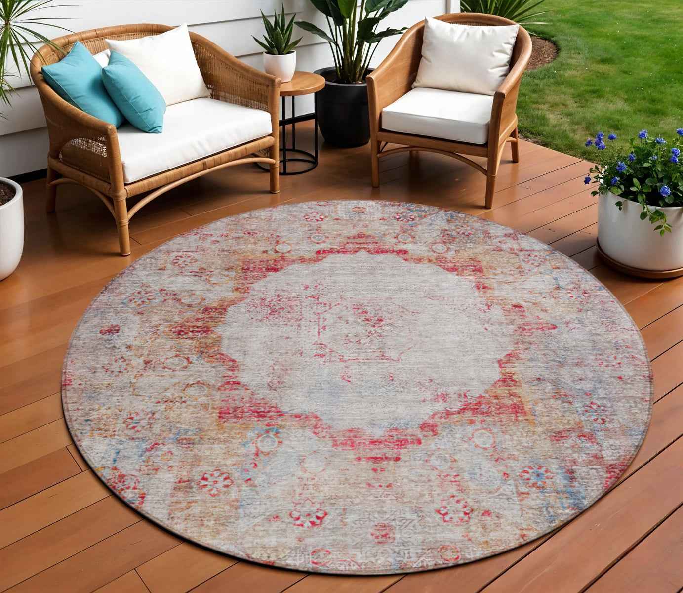 8' Red Gray And Blue Round Oriental Washable Indoor Outdoor Area Rug