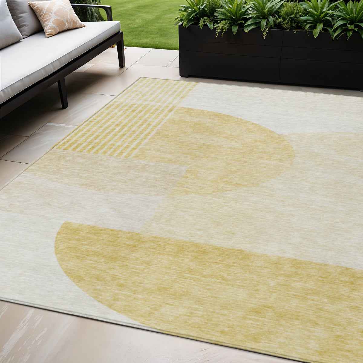 8' X 10' Gold Wheat And Ivory Geometric Washable Indoor Outdoor Area Rug
