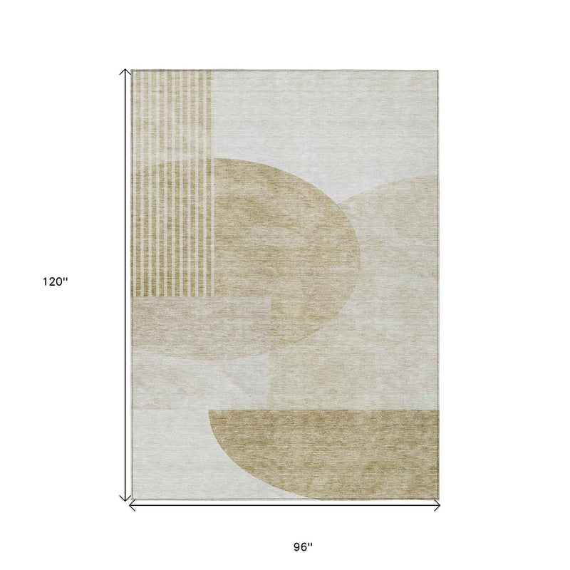 8' X 10' Brown Beige And Ivory Geometric Washable Indoor Outdoor Area Rug