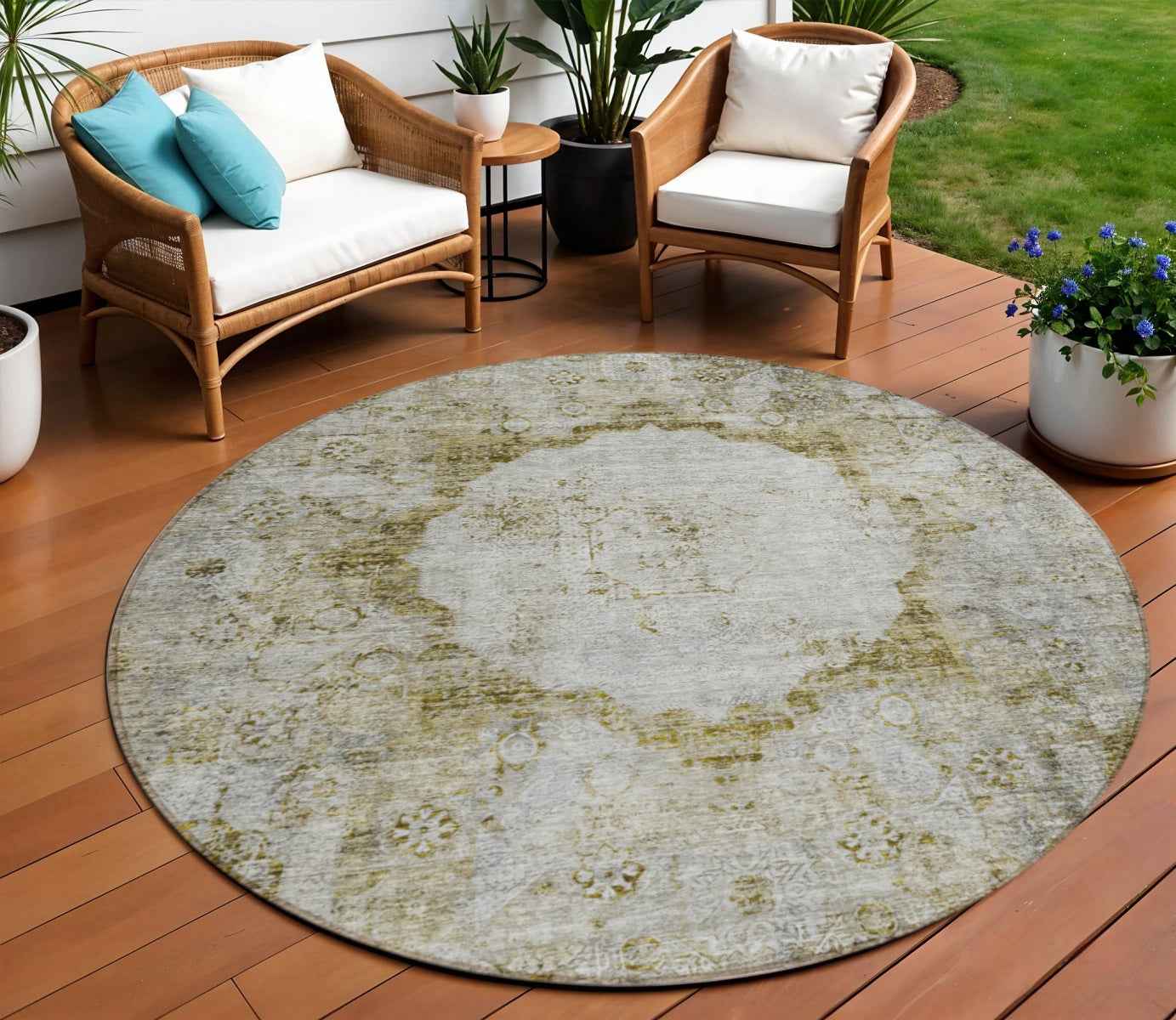 8' Taupe Brown And Gray Round Oriental Washable Indoor Outdoor Area Rug