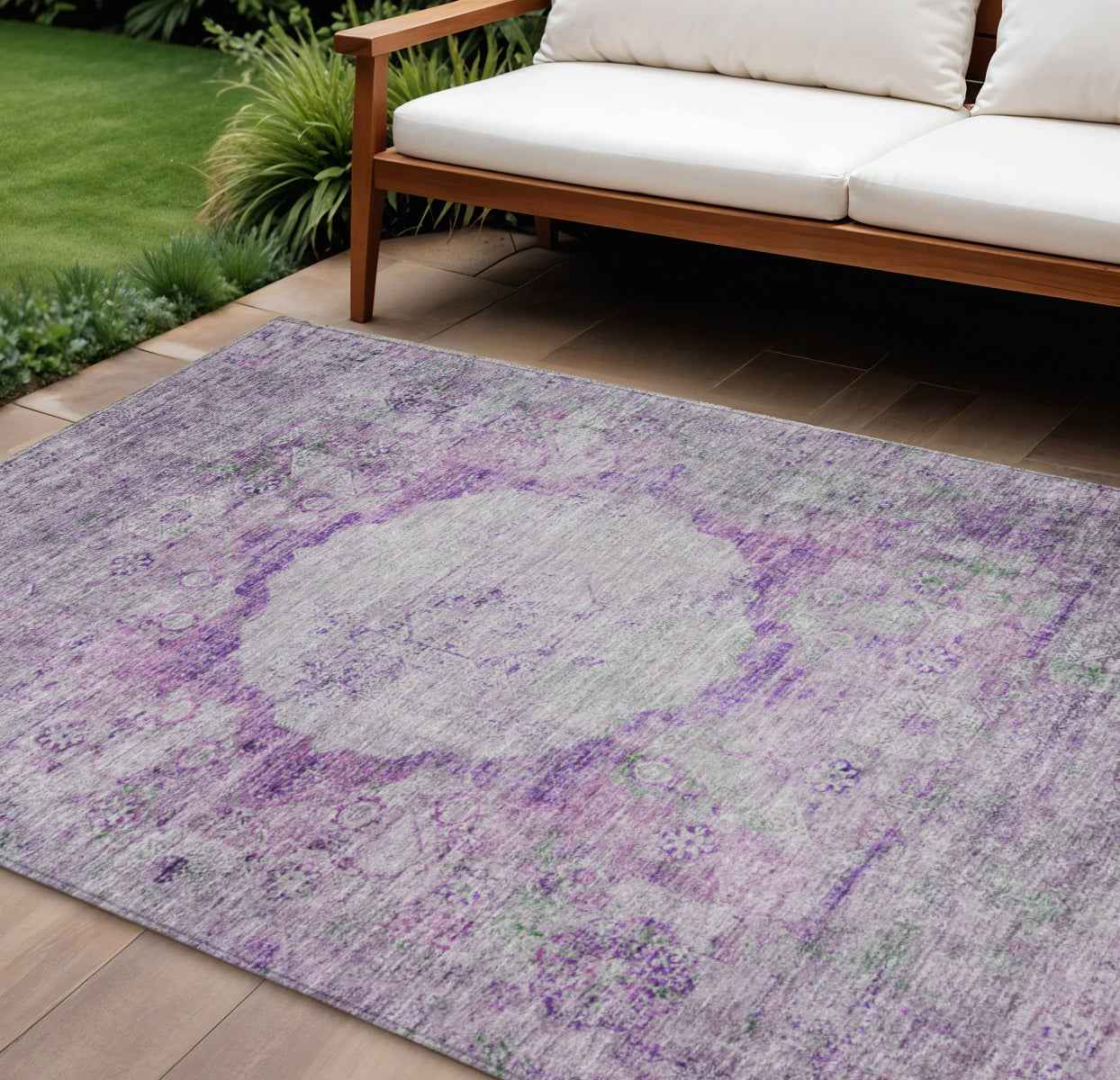 8' X 10' Purple Lavender And Gray Oriental Washable Indoor Outdoor Area Rug