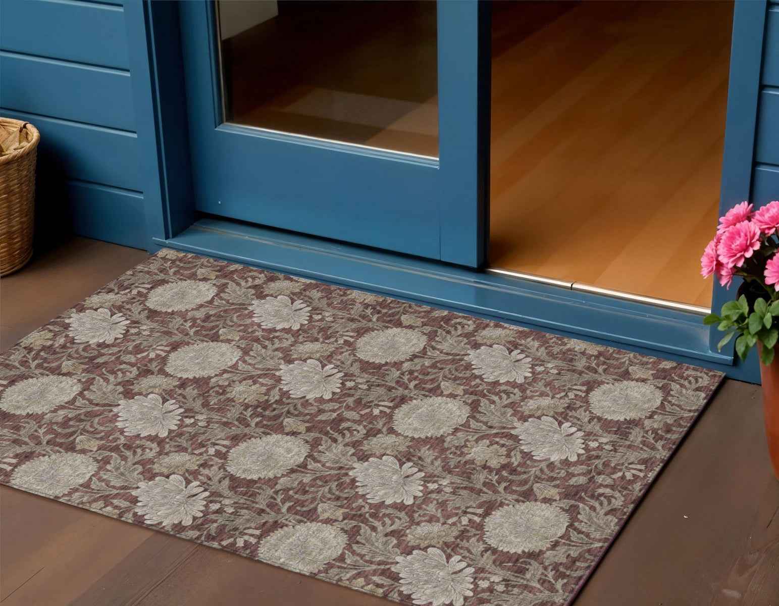 3' X 5' Merlot Taupe And Beige Floral Washable Indoor Outdoor Area Rug