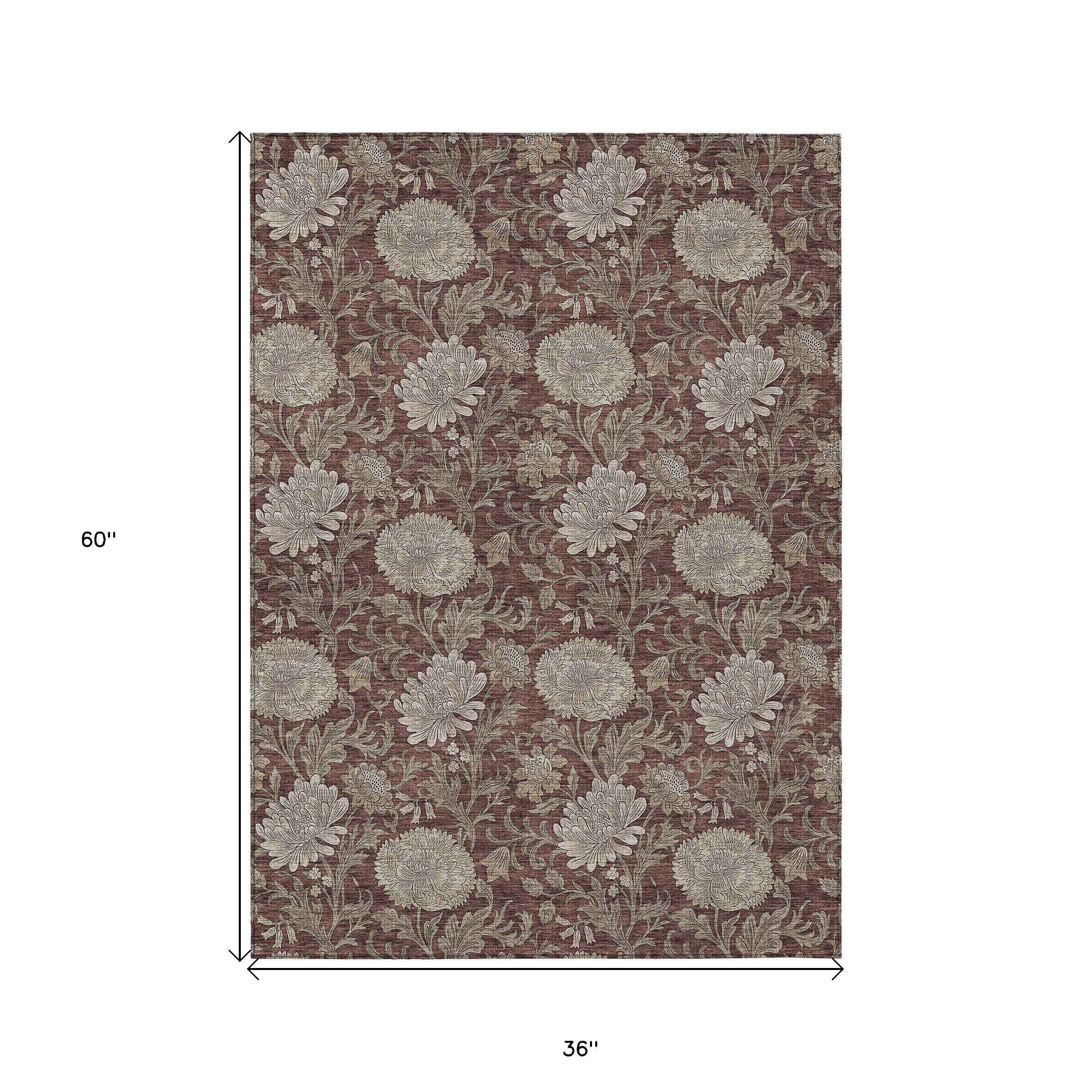 3' X 5' Merlot Taupe And Beige Floral Washable Indoor Outdoor Area Rug