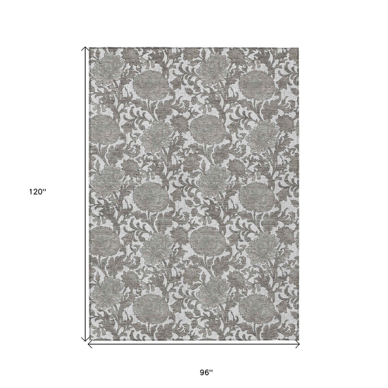8' X 10' Ivory And Gray Floral Washable Indoor Outdoor Area Rug
