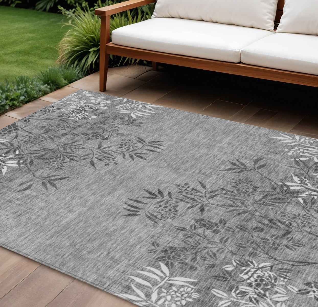 10' X 14' Gray Charcoal And Ivory Floral Washable Indoor Outdoor Area Rug