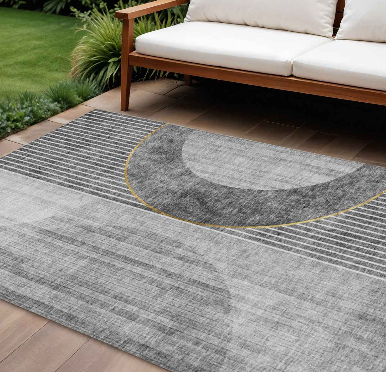 8' X 10' Charcoal Gray And Silver Geometric Washable Indoor Outdoor Area Rug