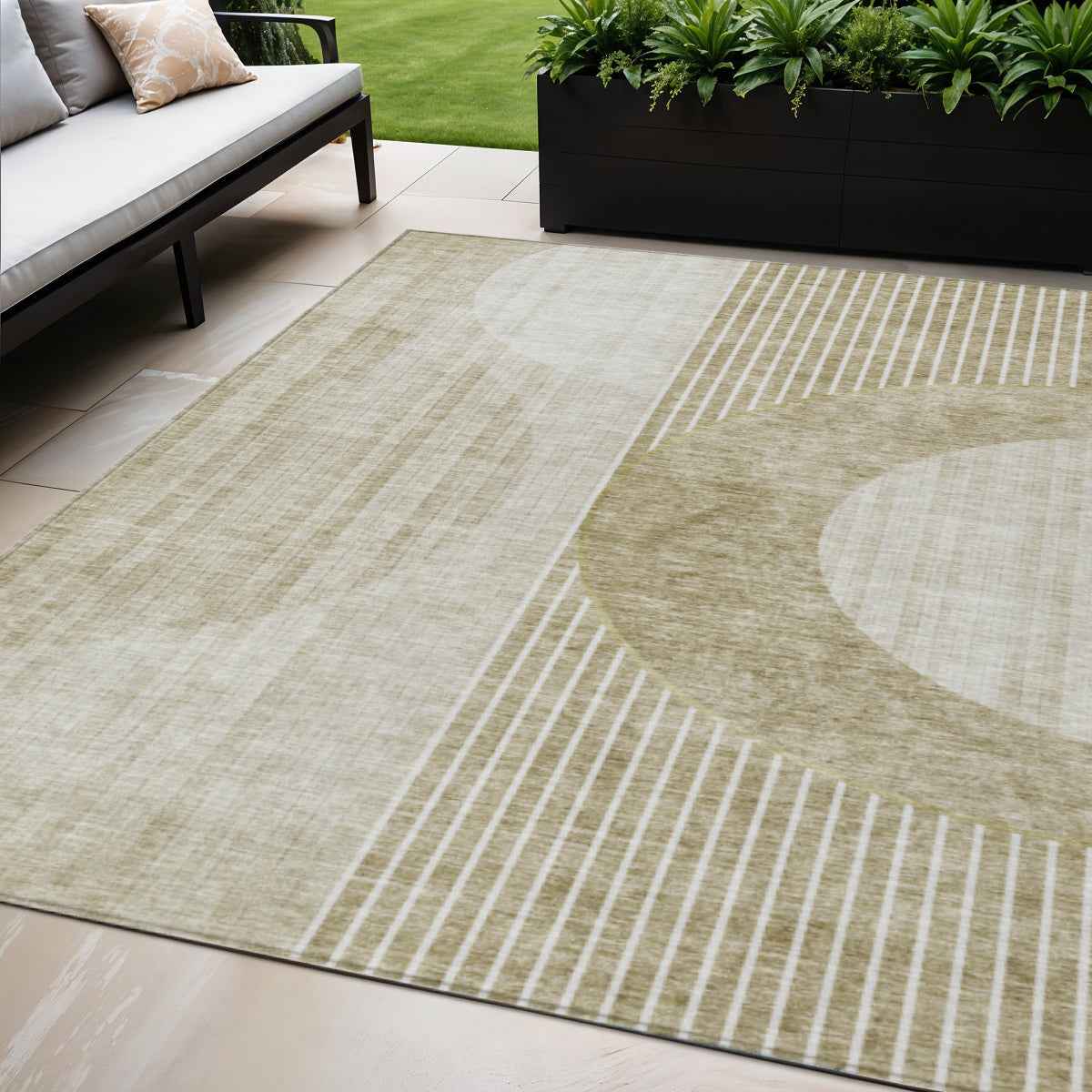 5' X 8' Taupe Beige And Tan Geometric Washable Indoor Outdoor Area Rug