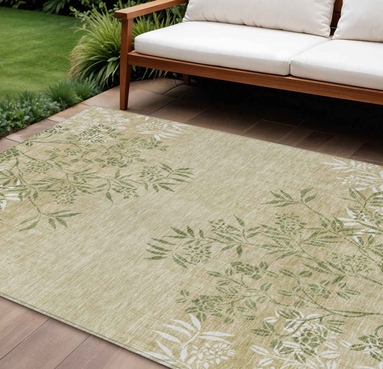 9' X 12' Khaki Ivory And Green Floral Washable Indoor Outdoor Area Rug