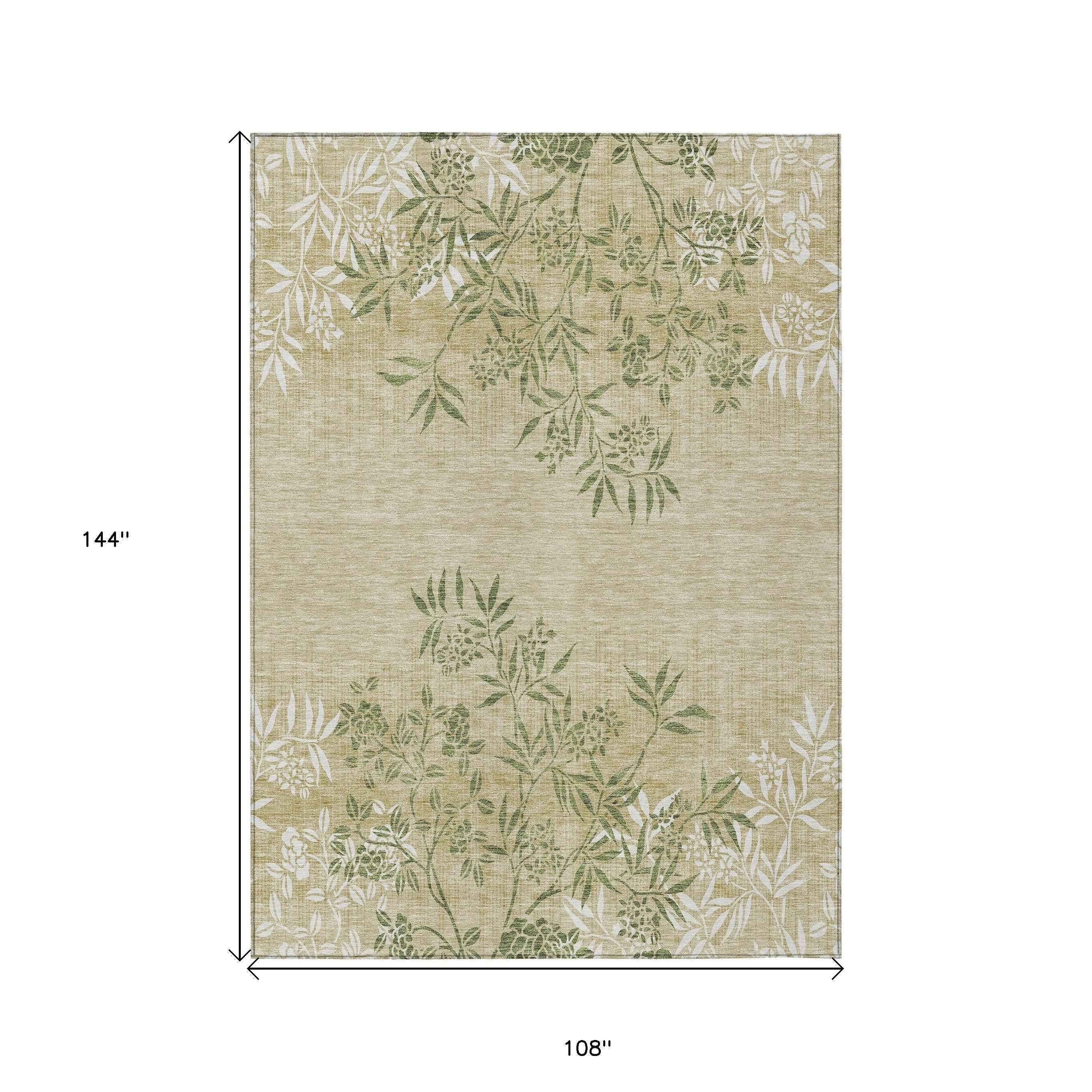9' X 12' Khaki Ivory And Green Floral Washable Indoor Outdoor Area Rug
