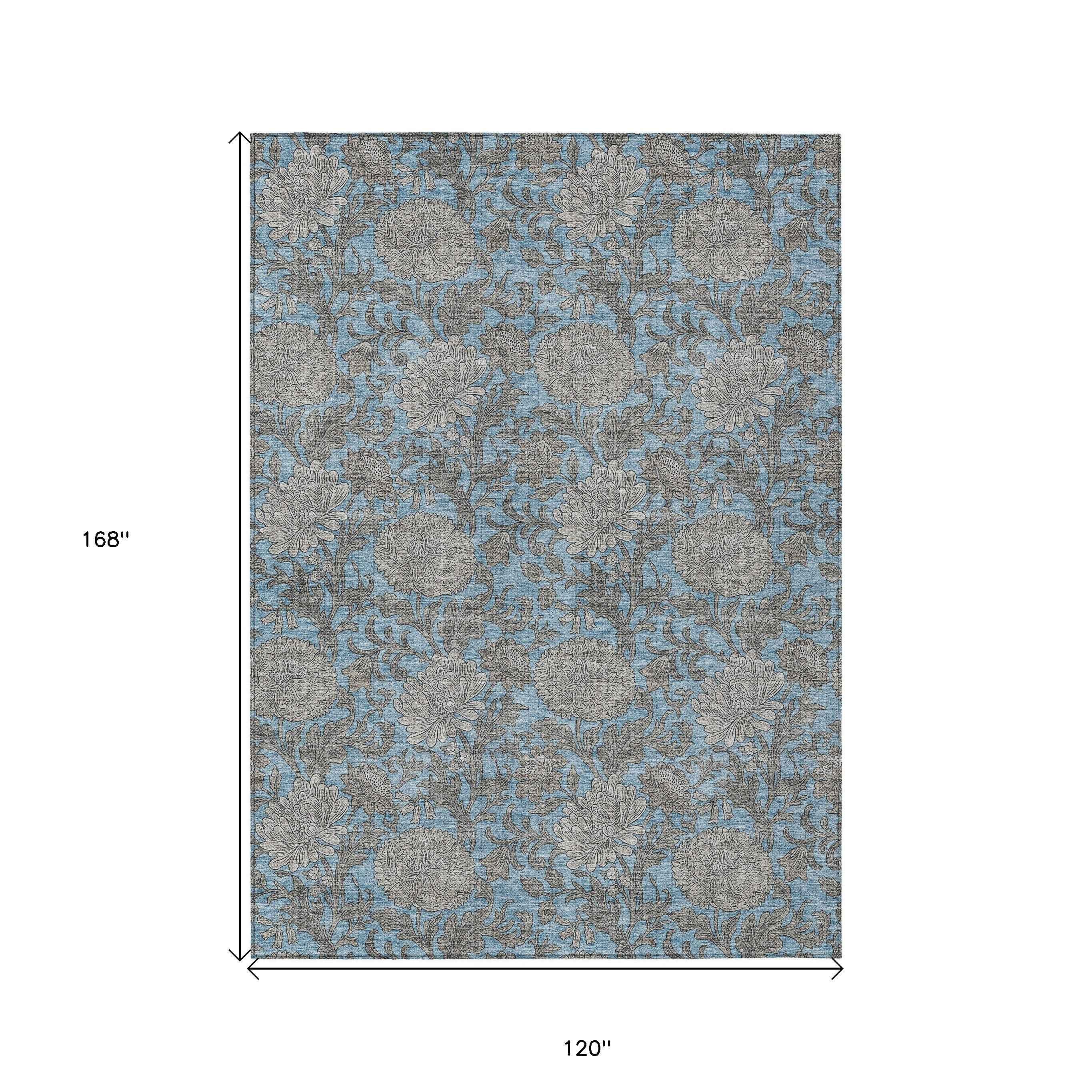 10' X 14' Blue Gray And Silver Floral Washable Indoor Outdoor Area Rug