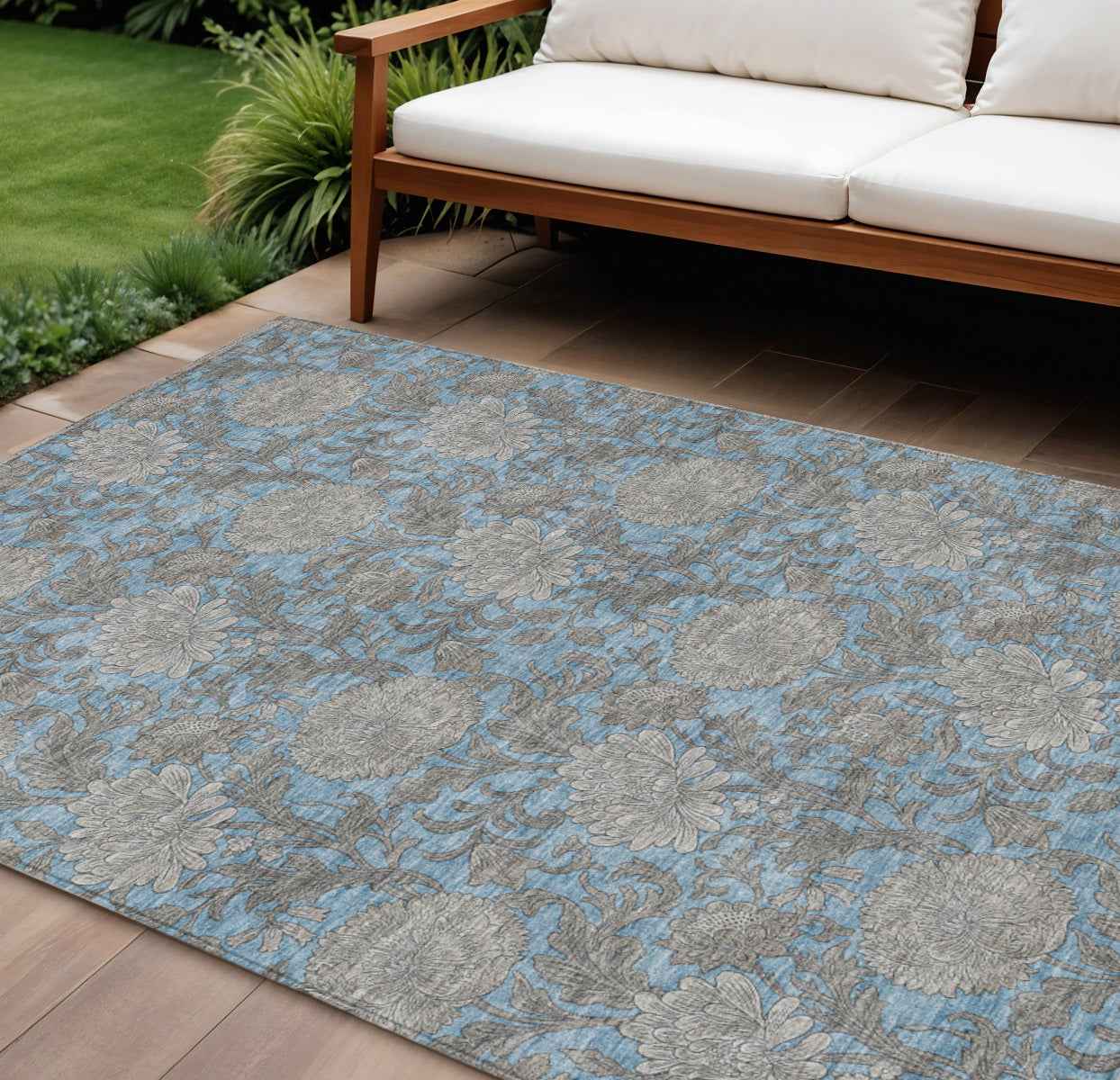 10' X 14' Blue Gray And Silver Floral Washable Indoor Outdoor Area Rug
