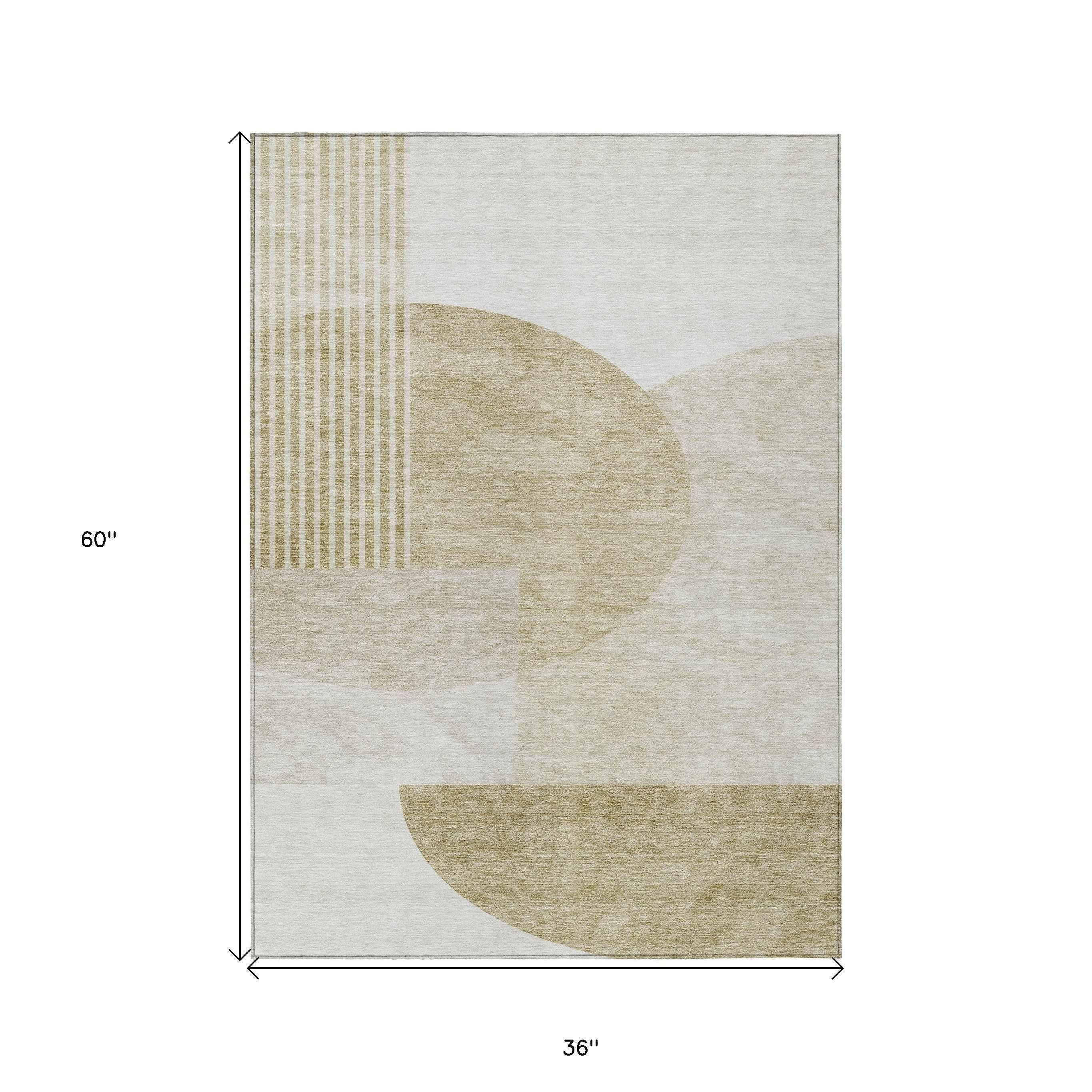 3' X 5' Brown Beige And Ivory Geometric Washable Indoor Outdoor Area Rug