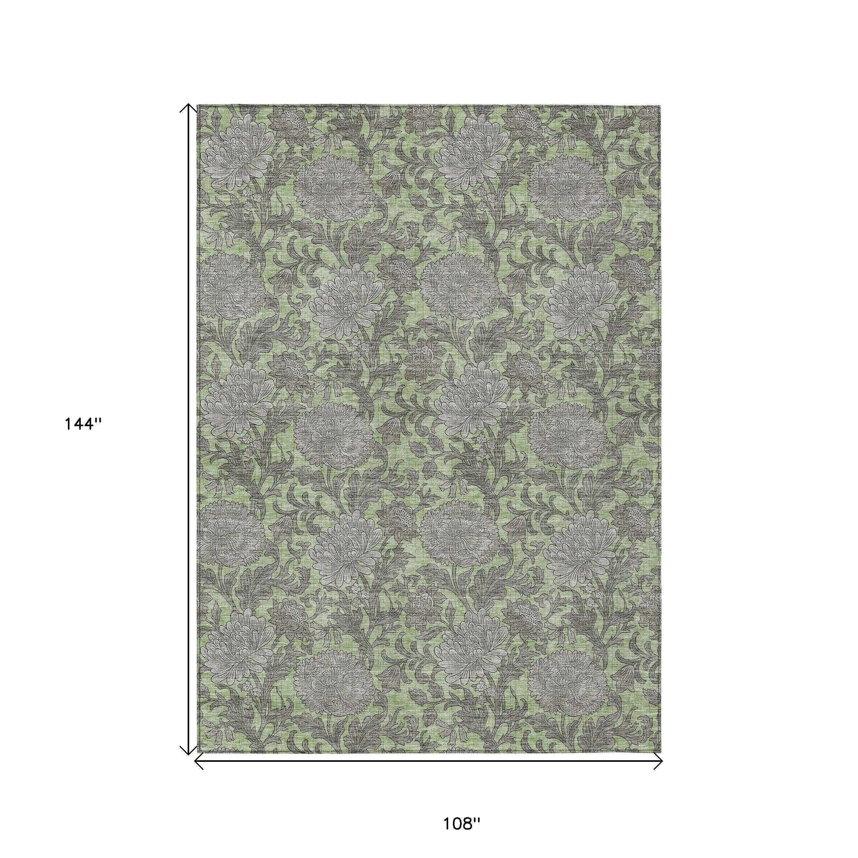 9' X 12' Artichoke Green Gray And Taupe Floral Washable Indoor Outdoor Area Rug