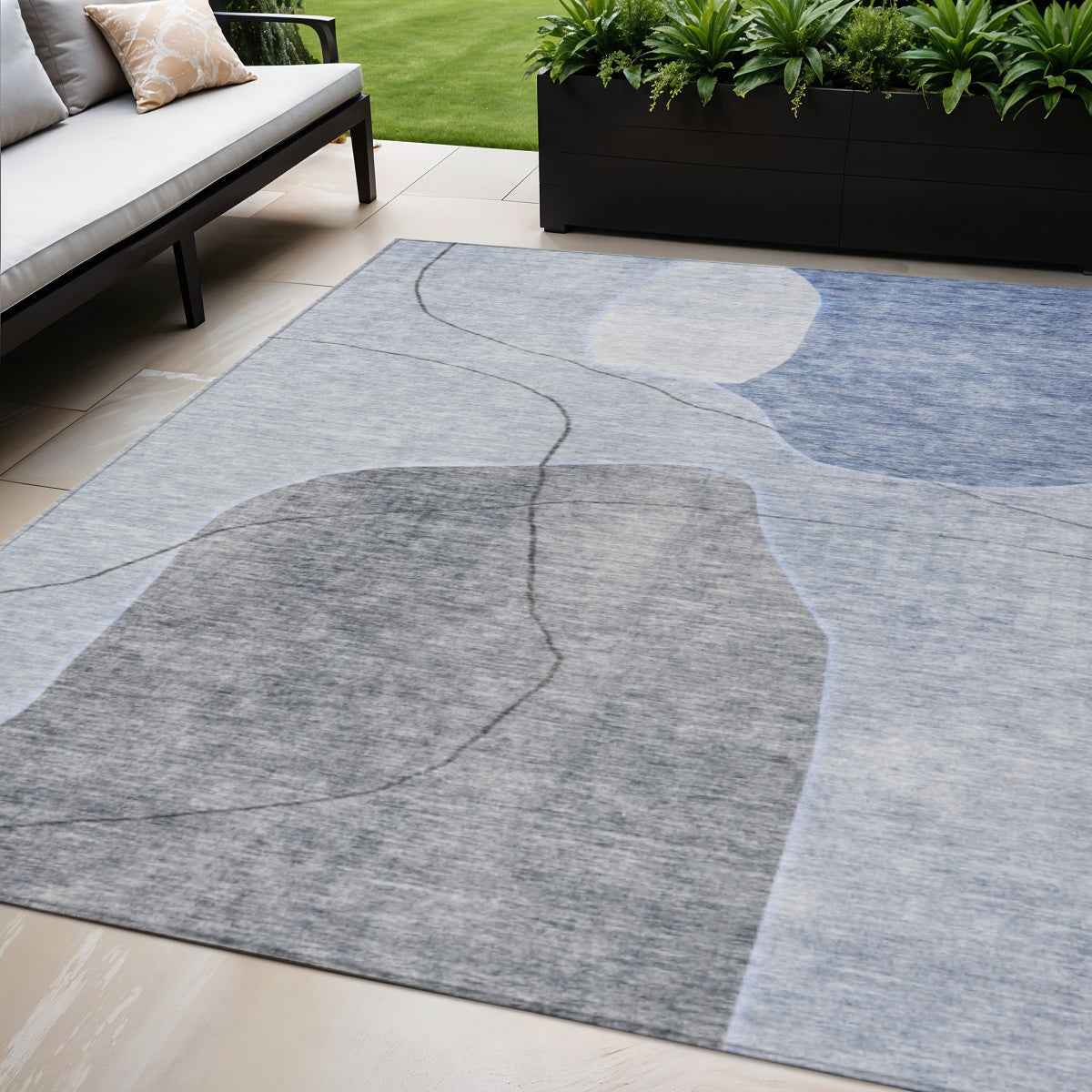 5' X 8' Denim Blue And Sky Blue Abstract Washable Indoor Outdoor Area Rug
