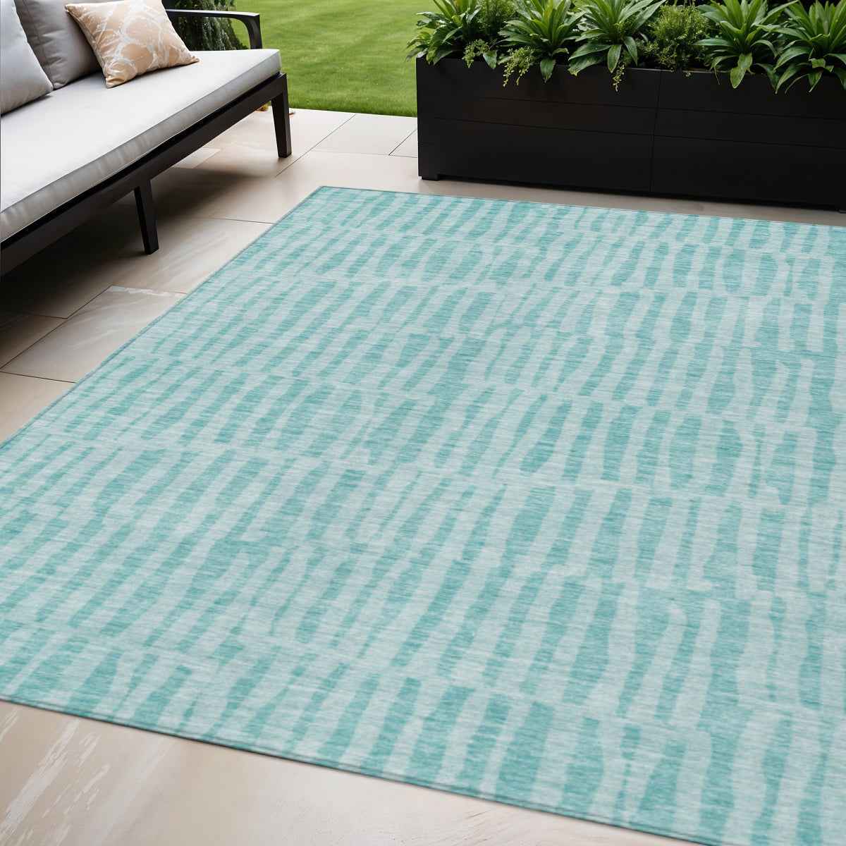 5' X 8' Teal Blue And Aqua Striped Washable Indoor Outdoor Area Rug