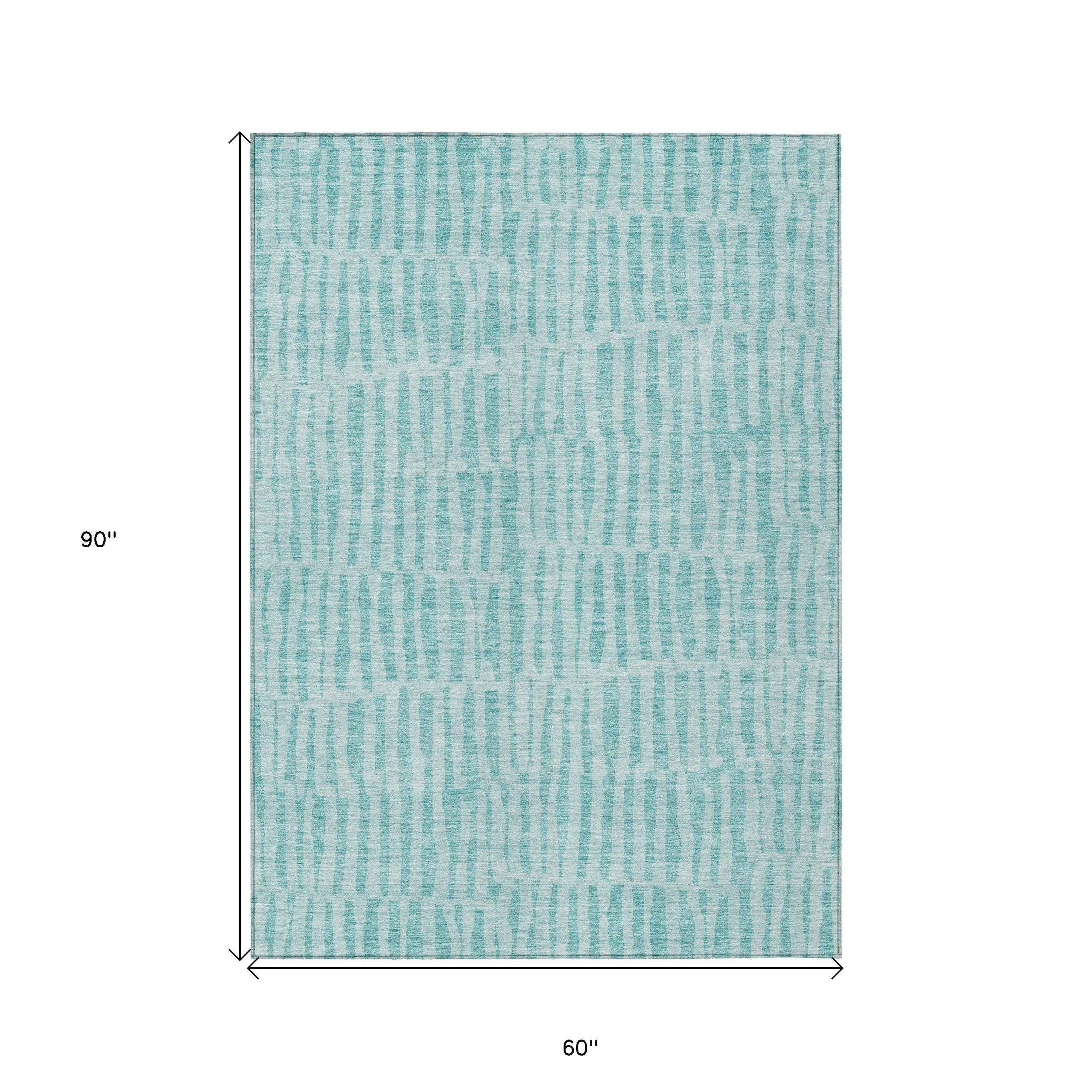 5' X 8' Teal Blue And Aqua Striped Washable Indoor Outdoor Area Rug