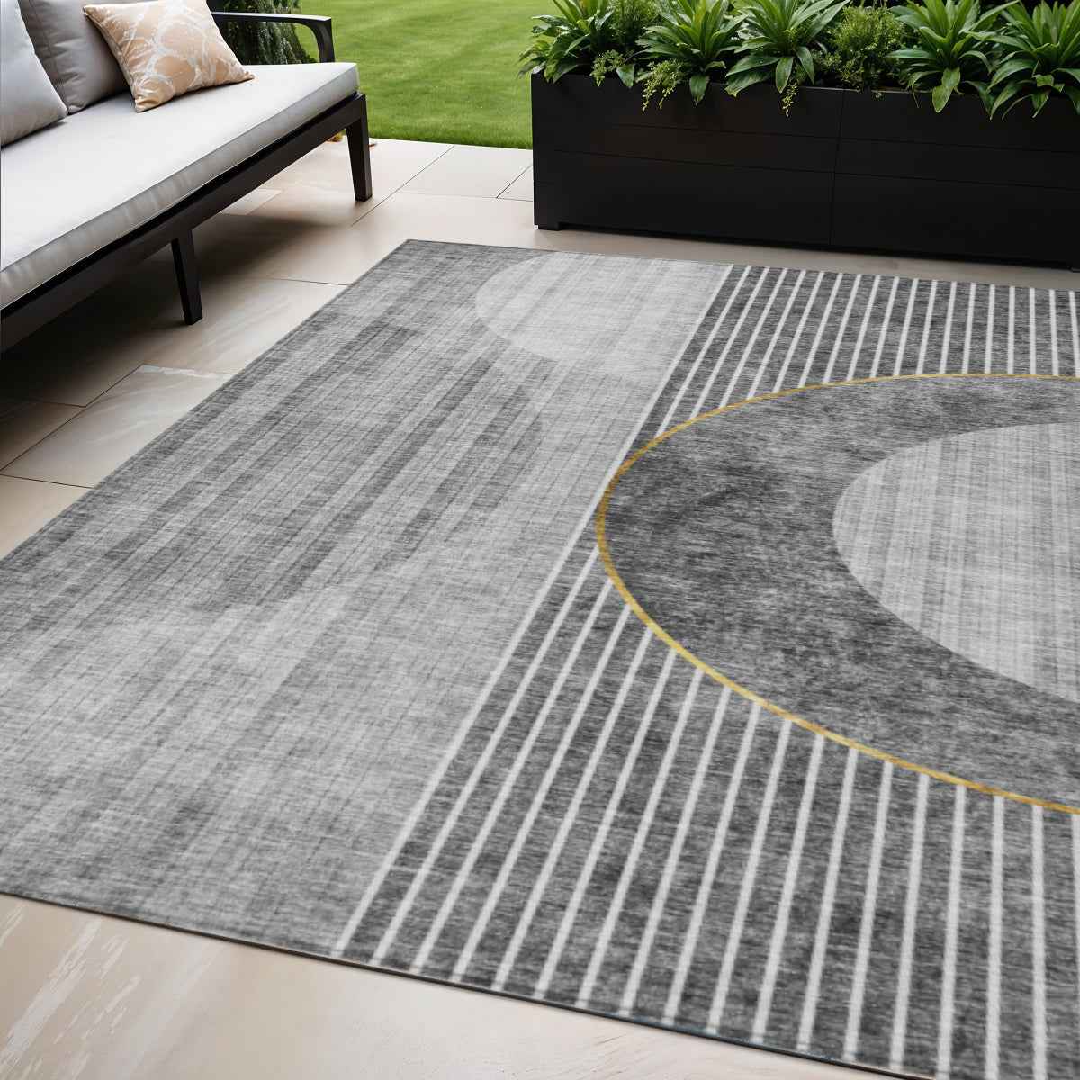 5' X 8' Charcoal Gray And Silver Geometric Washable Indoor Outdoor Area Rug