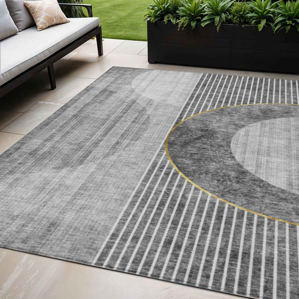 5' X 8' Charcoal Gray And Silver Geometric Washable Indoor Outdoor Area Rug