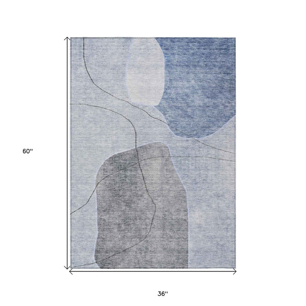 3' X 5' Denim Blue And Sky Blue Abstract Washable Indoor Outdoor Area Rug